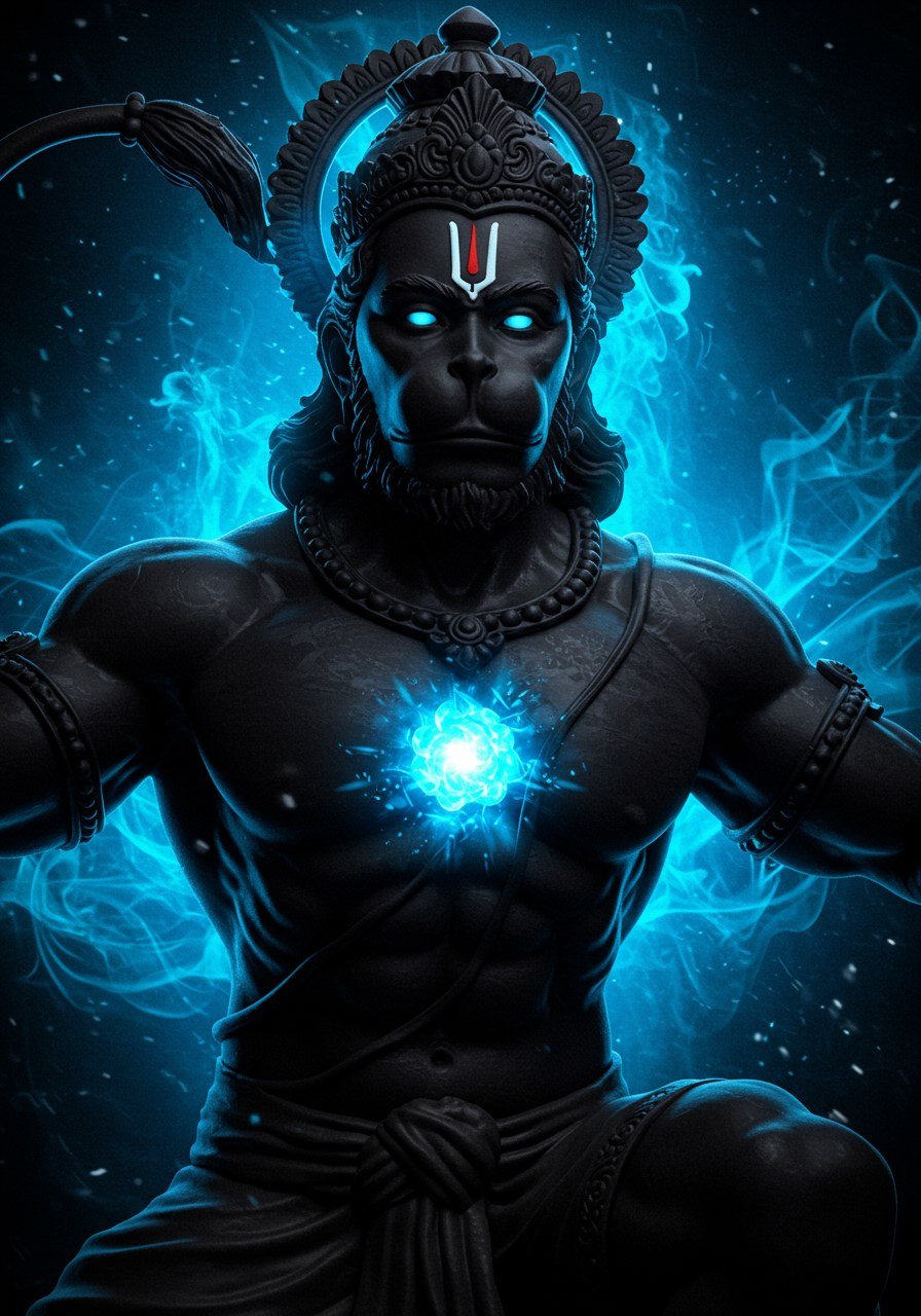 Divine Hanuman with Glowing Blue Energy Core