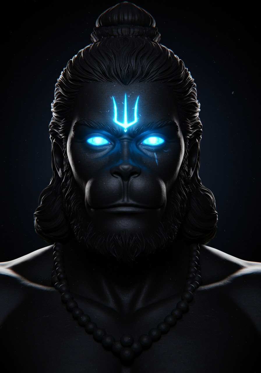 Dark Hanuman with Glowing Blue Trishul on Forehead 4K Wallpaper for iPhone & Android