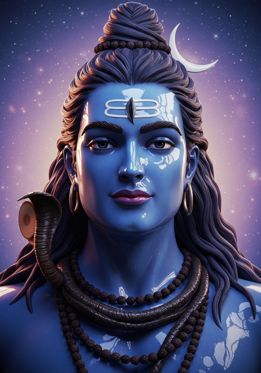 3D Shiva Portrait with Crescent Moon and Rudraksha Mala 4K Wallpaper for iPhone & Android