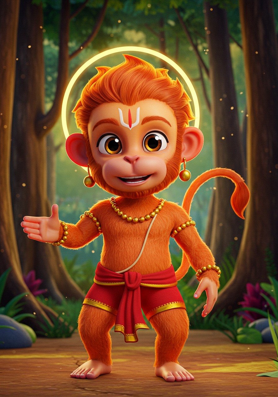 3D Bal Hanuman Blessing Wallpaper – Cute Forest Animation