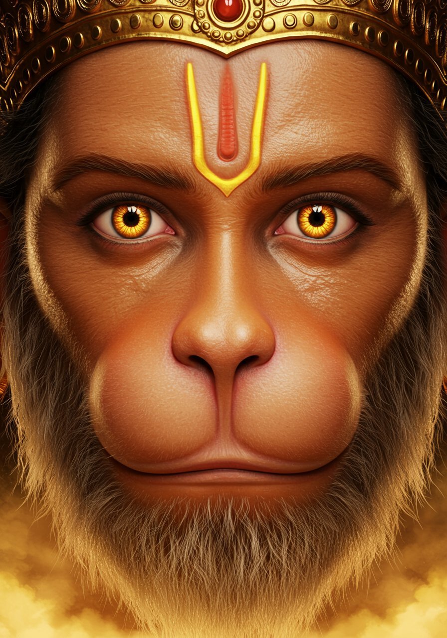 3D Close-Up Hanuman Face with Divine Eyes and Golden Crown