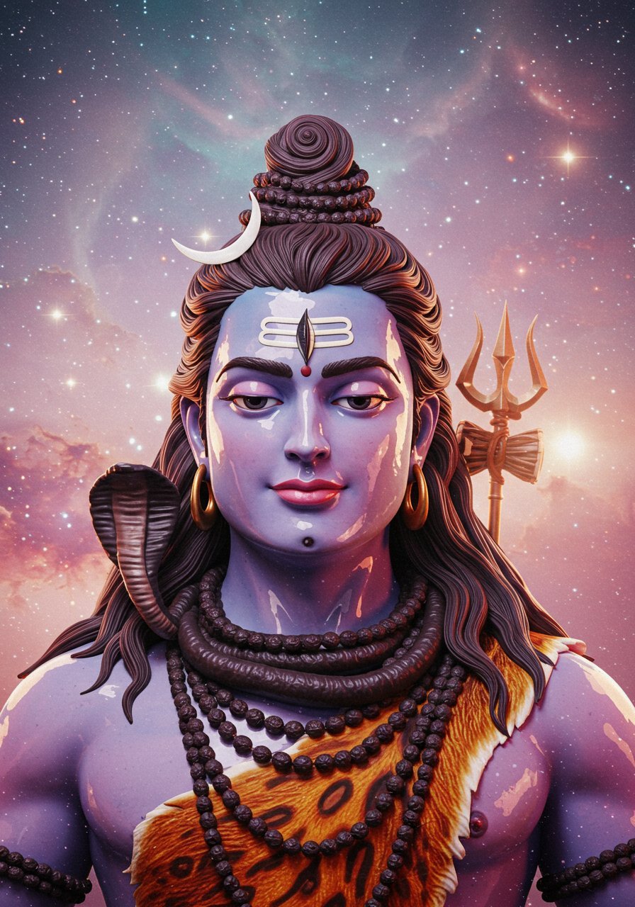 3D Lord Shiva Portrait with Cosmic Background and Trishul 4K Wallpaper for iPhone & Android