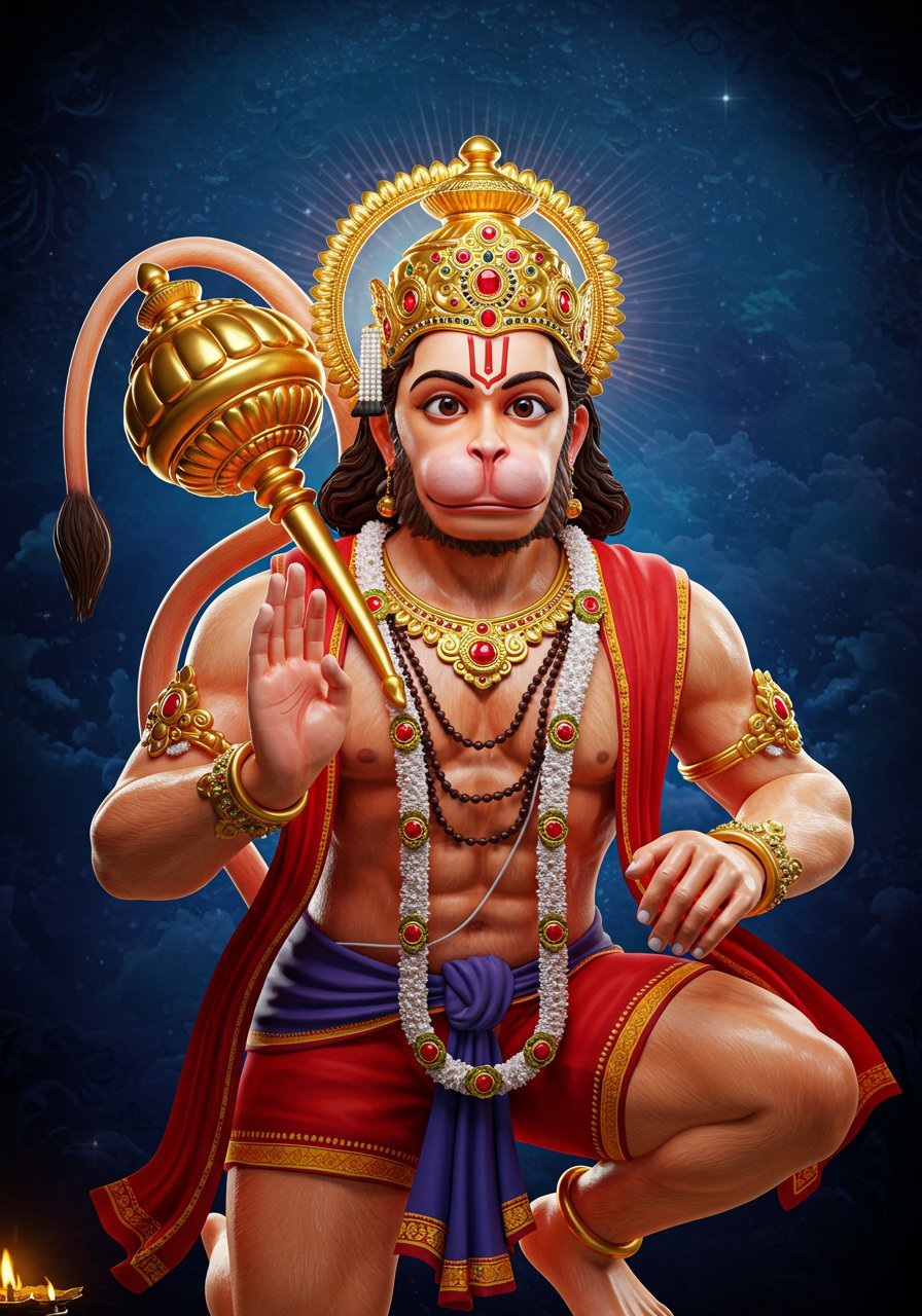 Powerful Hanuman Blessing Pose with Gada and Glowing Aura 4K Wallpaper for iPhone & Android