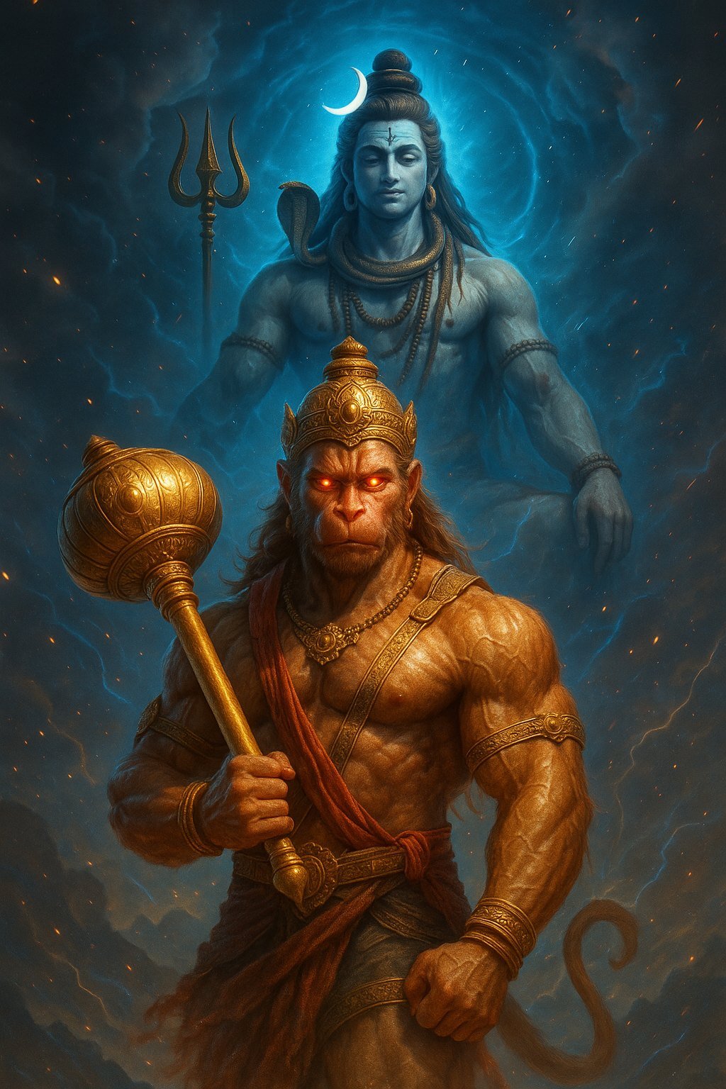 3D Hanuman with Glowing Eyes and Shiva in Divine Background