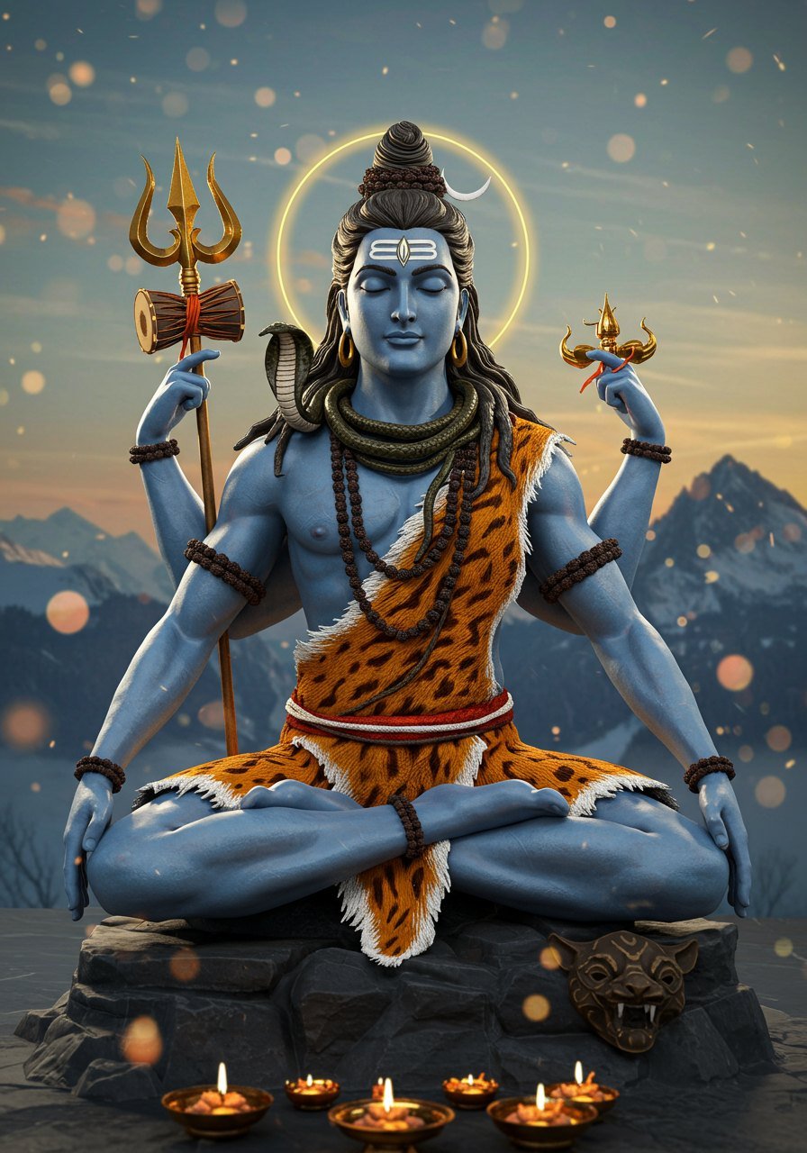 Lord Shiva 3D Artwork in Meditation with Trident and Diya Lamps 4K Wallpaper for iPhone & Android