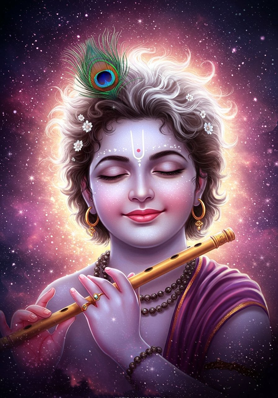 Baby Krishna Playing Flute with Peacock Feather and Sparkle Aura 4K Wallpaper for iPhone & Android