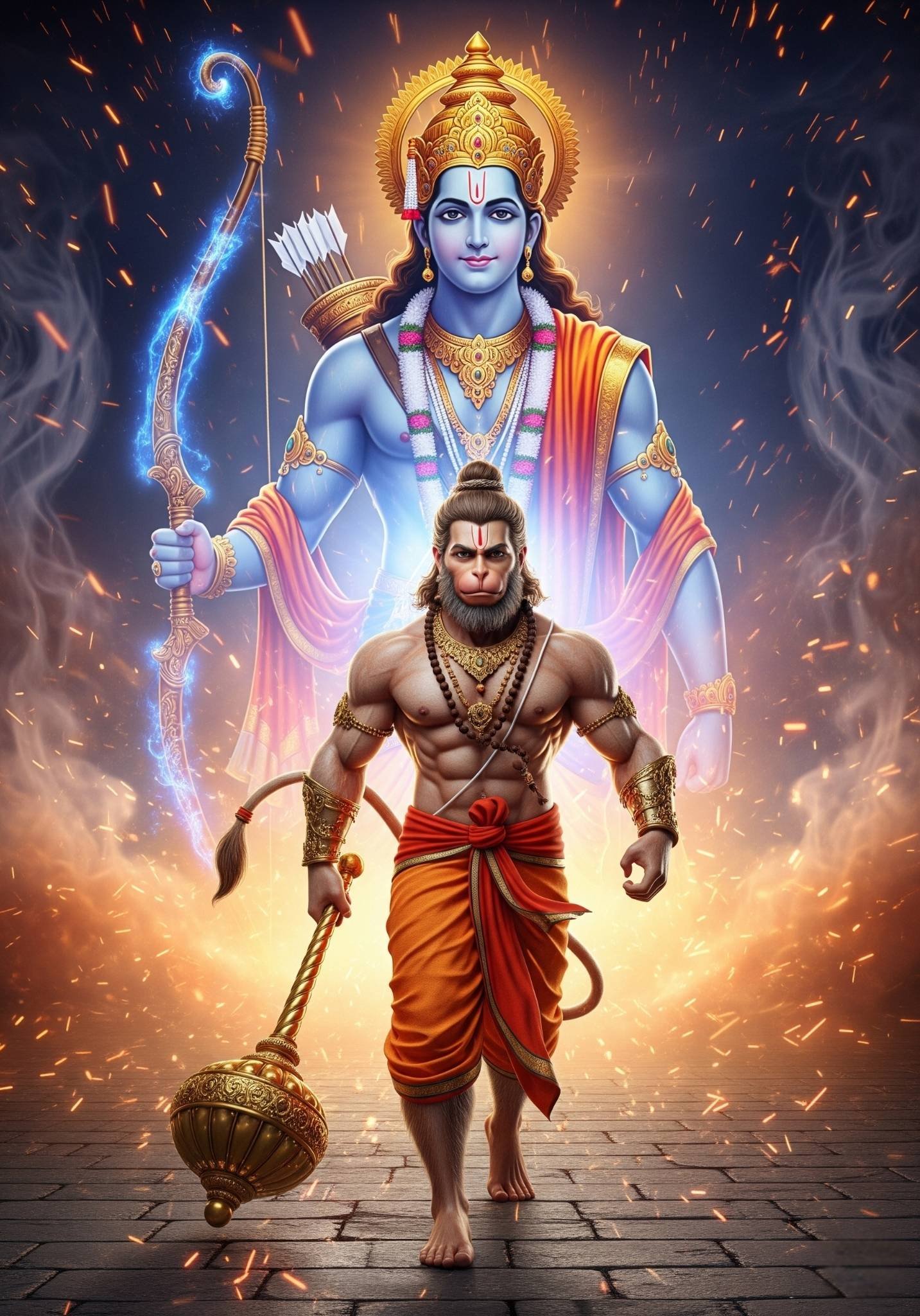 3D Lord Hanuman with Ram Behind in Fiery Divine Aura
