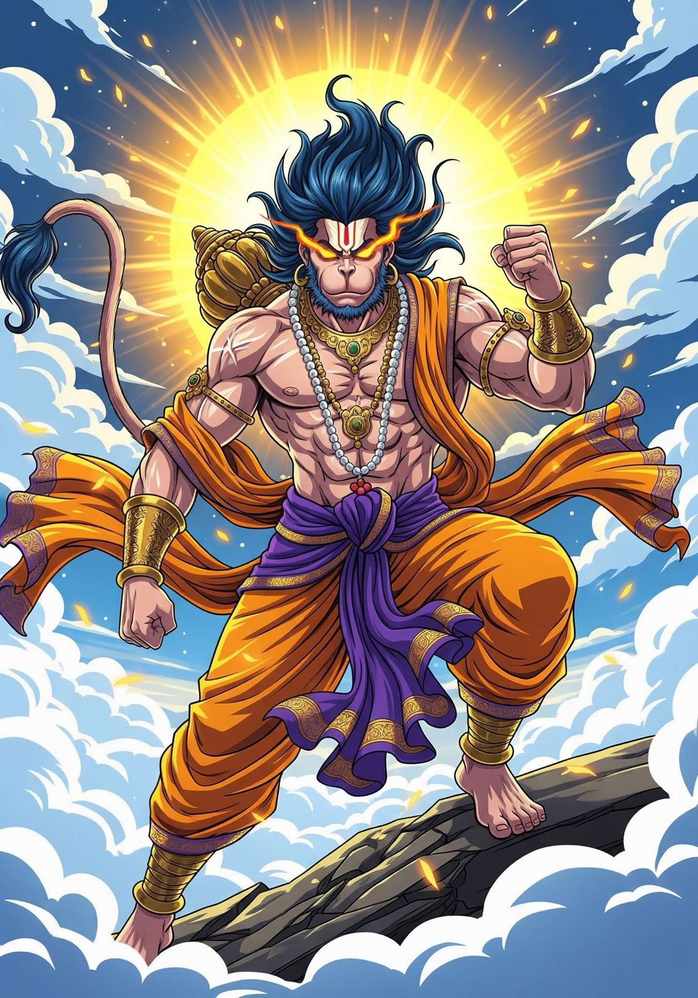Veer Hanuman with Fiery Eyes Standing Against the Sun
