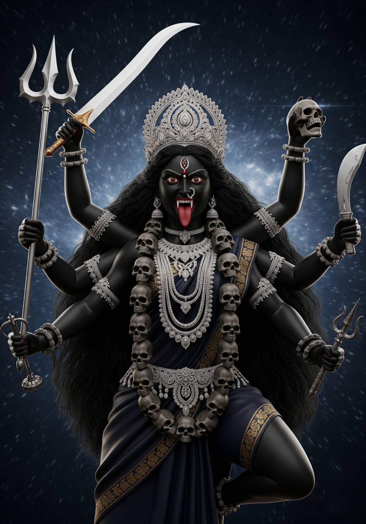 Maa Kali in Fierce Form Holding Weapons and Skulls