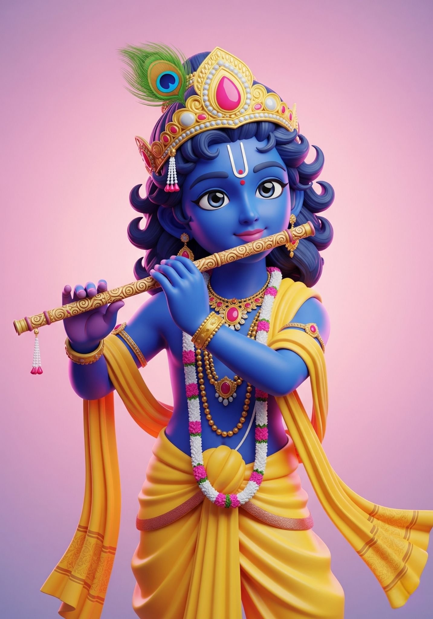 Cute 3D Cartoon Krishna Playing Flute in Yellow Dress