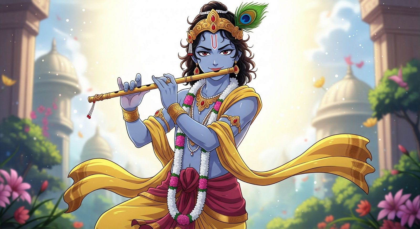 Divine Cartoon Krishna Playing Flute in Temple Garden 4K Wallpaper for iPhone & Android