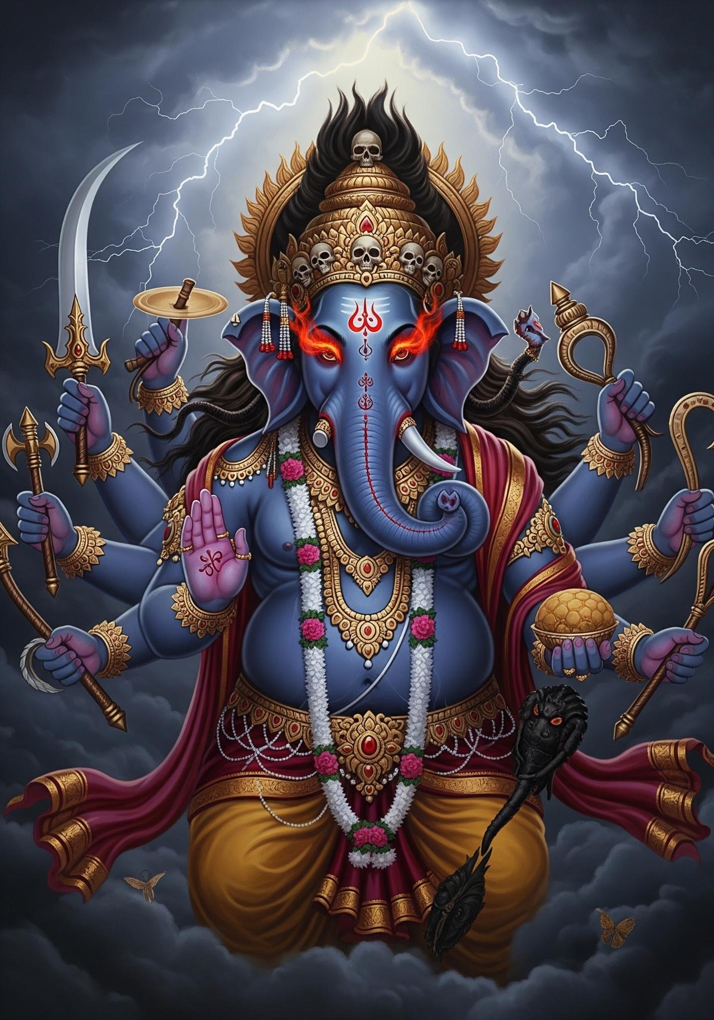 Fierce Multihand Lord Ganesha with Glowing Eyes and Weapons 4K Wallpaper for iPhone & Android