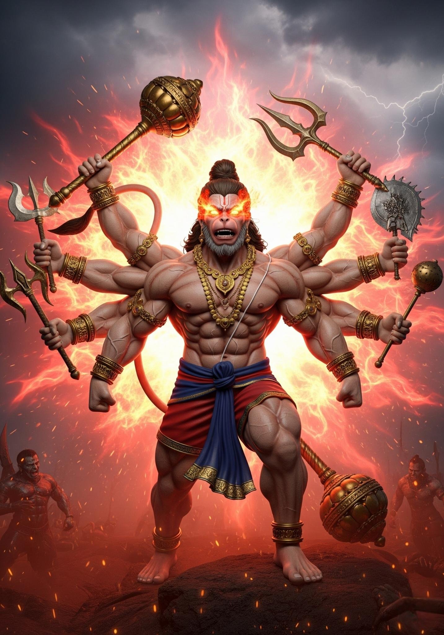 Multiarms Warrior Hanuman with Burning Eyes and Divine Weapons 4K Wallpaper for iPhone & Android