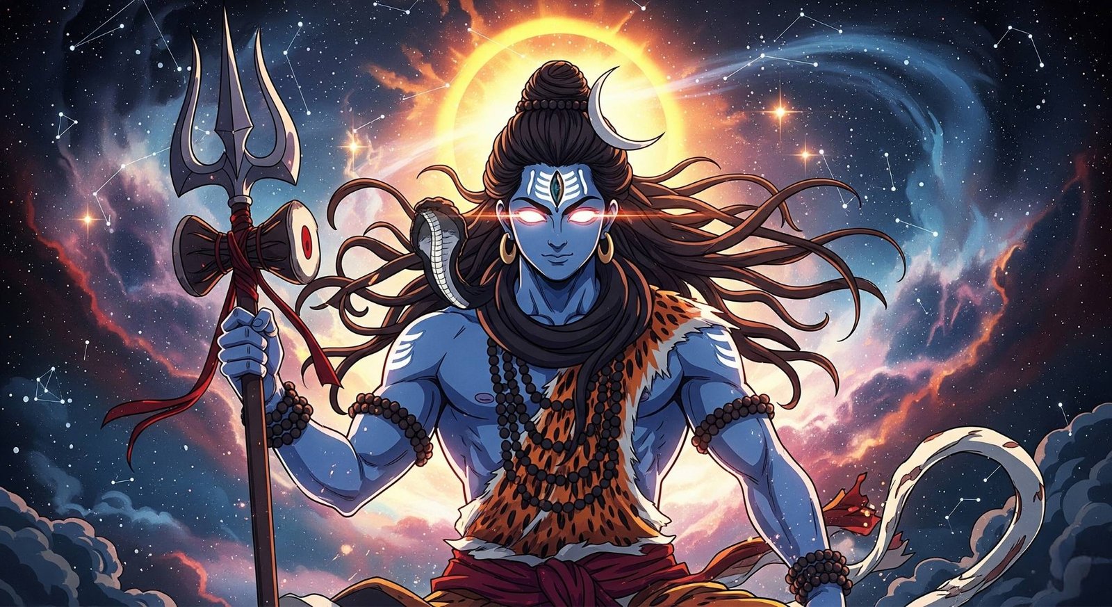 Divine Cosmic Lord Shiva with Glowing Eyes and Galaxy Aura