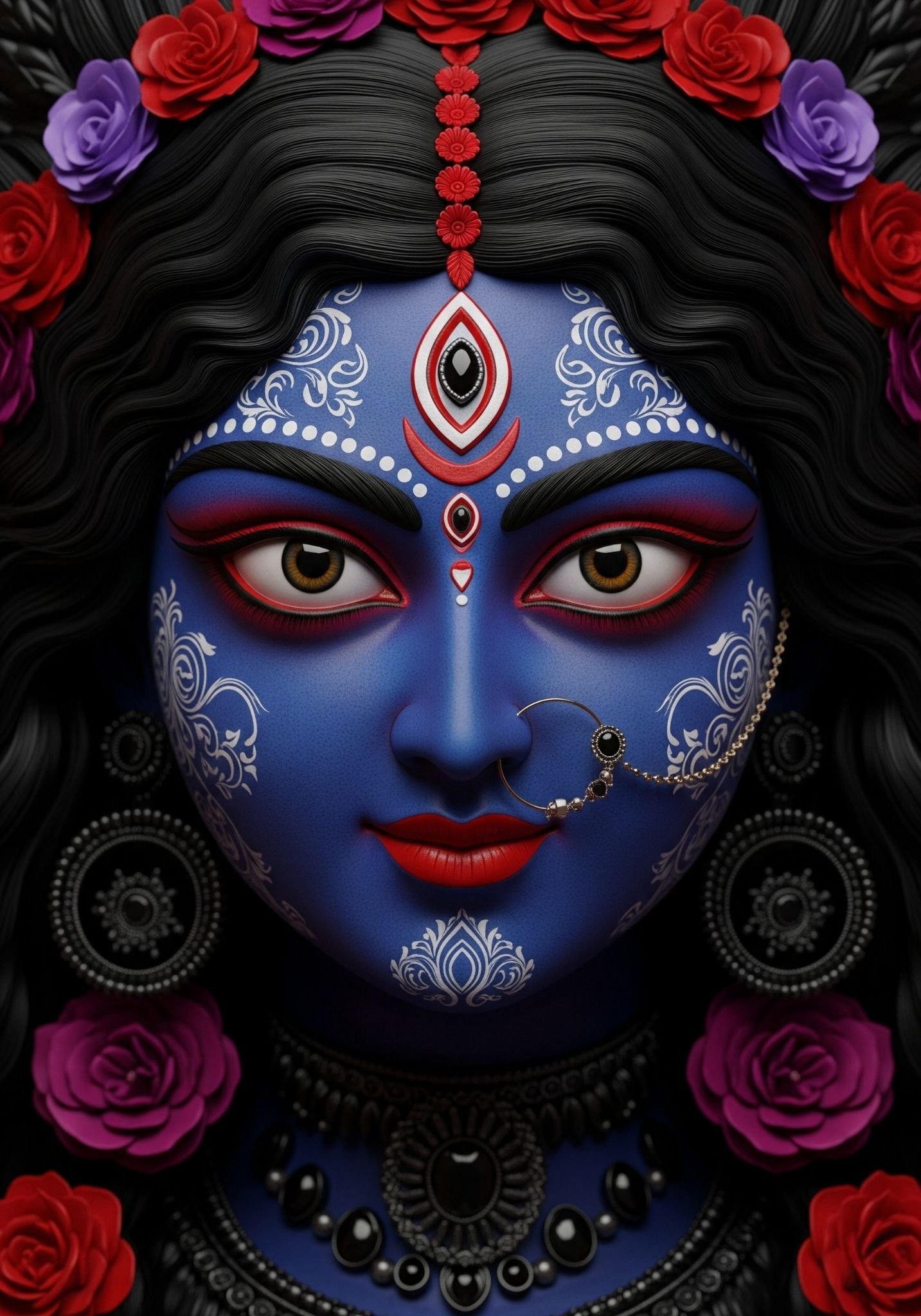 Divine Close-up of Maa Kali with Red Lips and Floral Aura