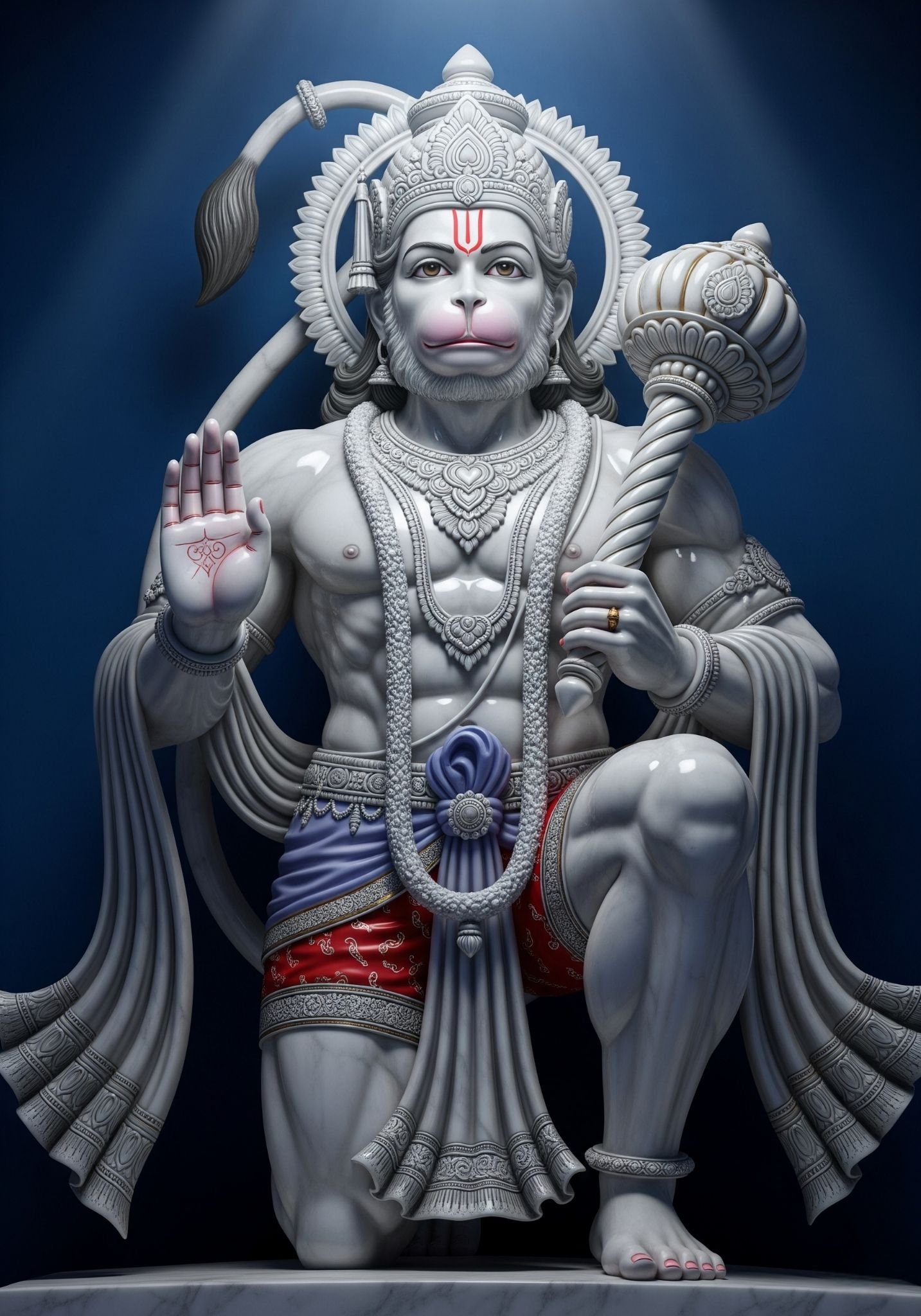 White Marble Hanuman Ji Statue in Blessing Pose 4K Wallpaper for iPhone & Android