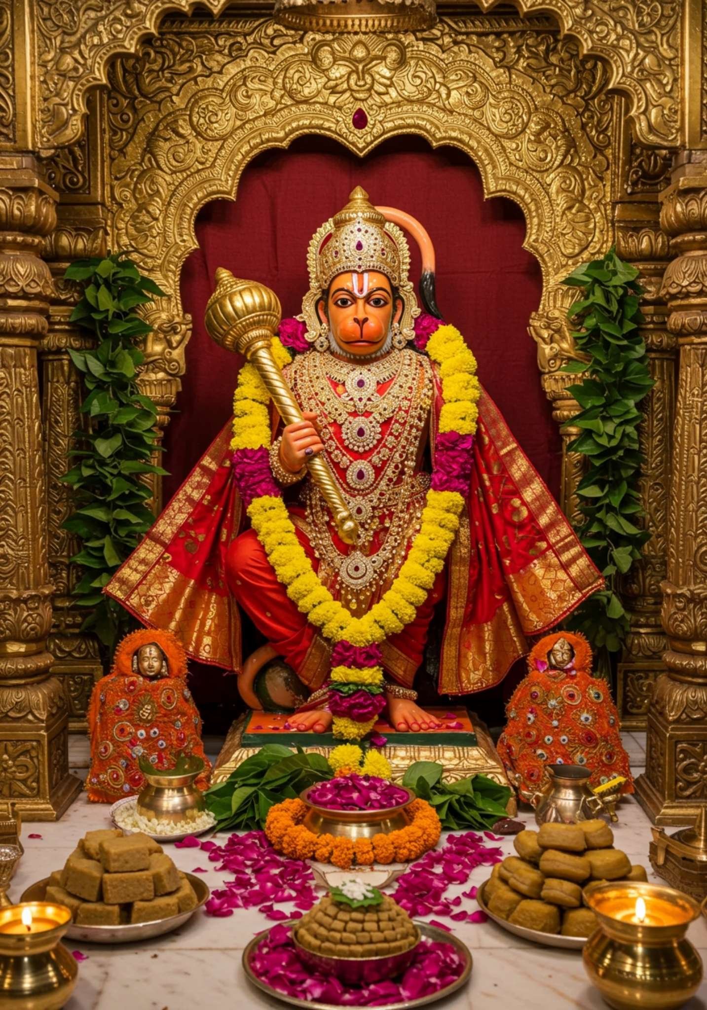 Divine Hanuman Ji Murti with Bhog and Garland