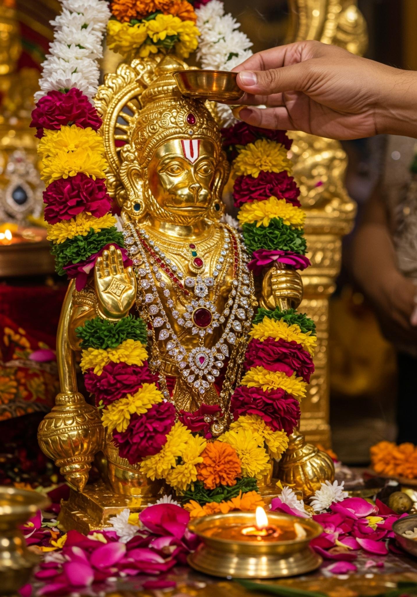 Golden Hanuman Ji Idol Abhishek with Flowers & Diya 4K Wallpaper for iPhone & Android