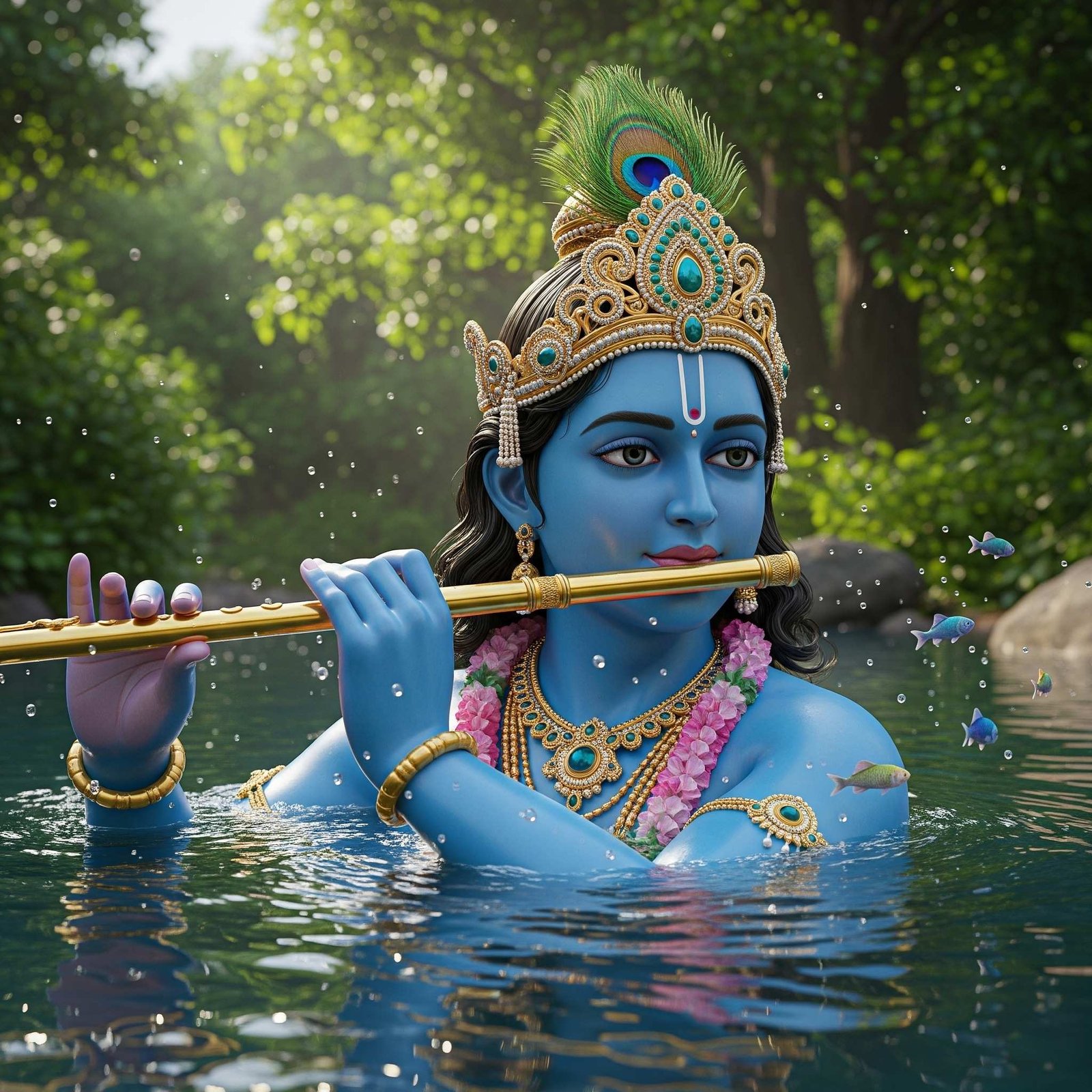 Shri Krishna Playing Flute in Water – Peaceful Divine Art