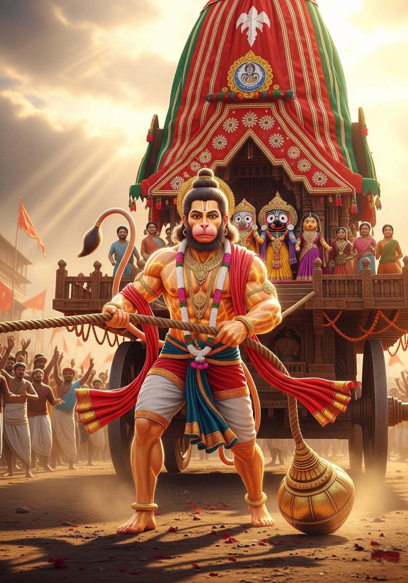 Hanuman Pulling Jagannath Rath – Divine Power Art 4K Wallpaper for iPhone & Android