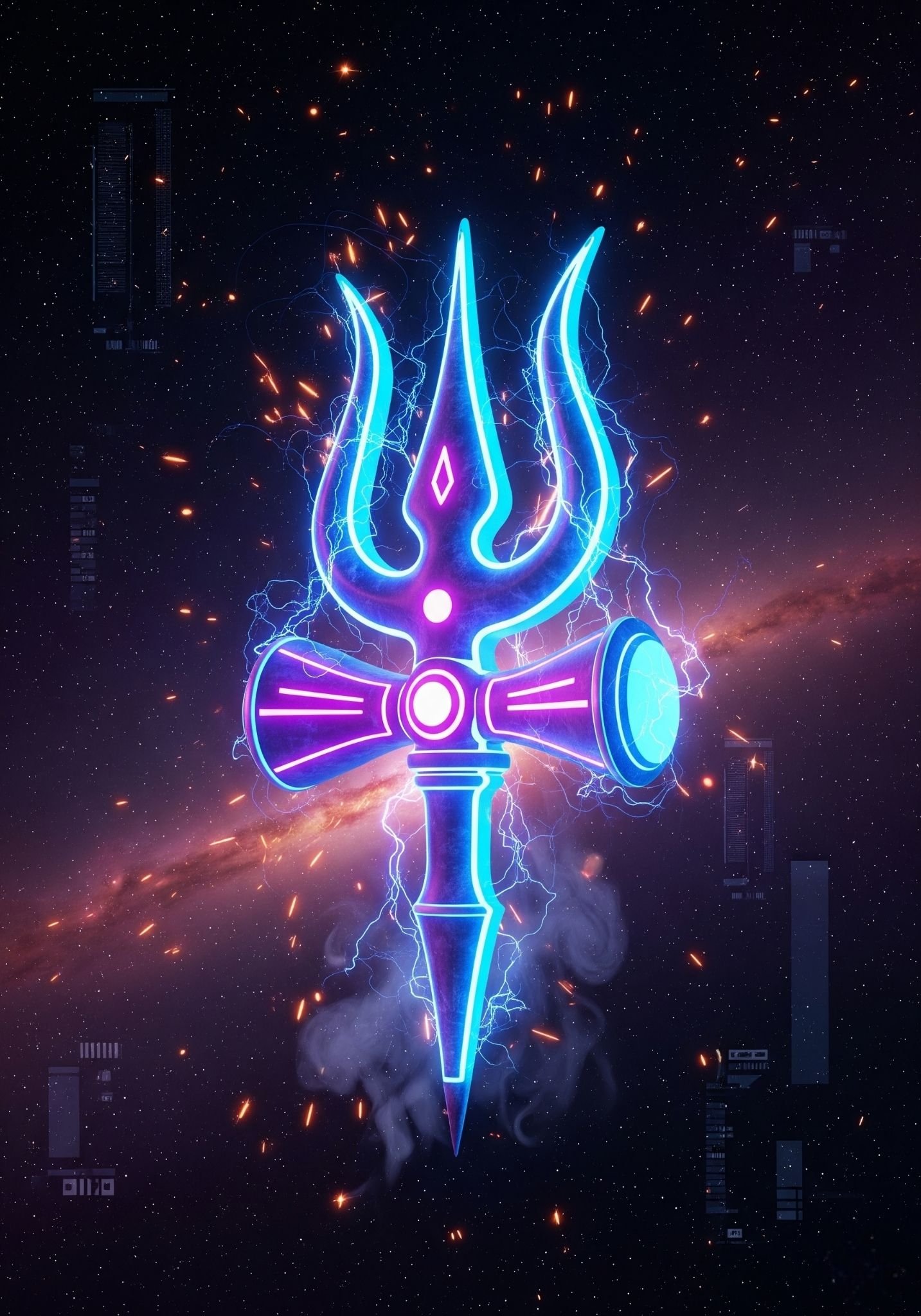 Neon Glowing Trishul with Damru in Cosmic Space Background 4K Wallpaper for iPhone & Android