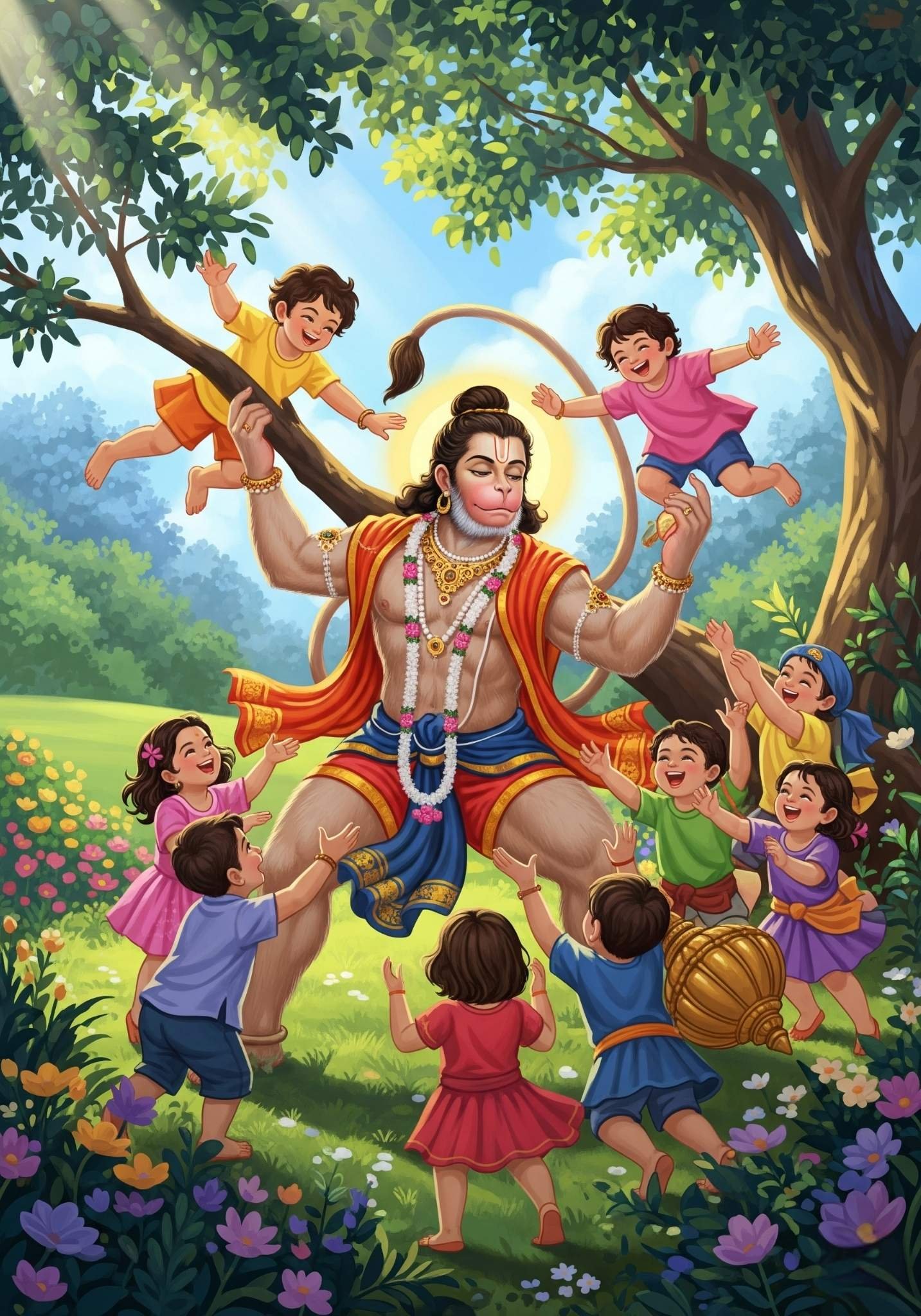 Cute Hanuman Playing with Kids in Garden – Cartoon Style