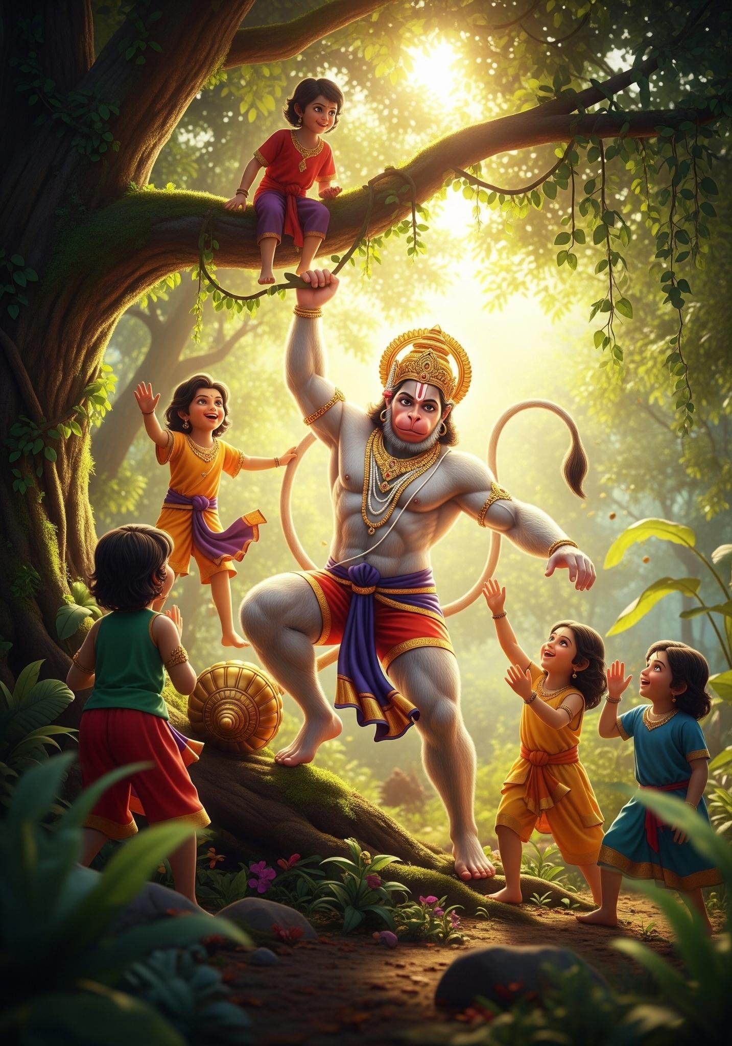 Hanuman Ji Playing in Jungle with Happy Kids – Cartoon Art