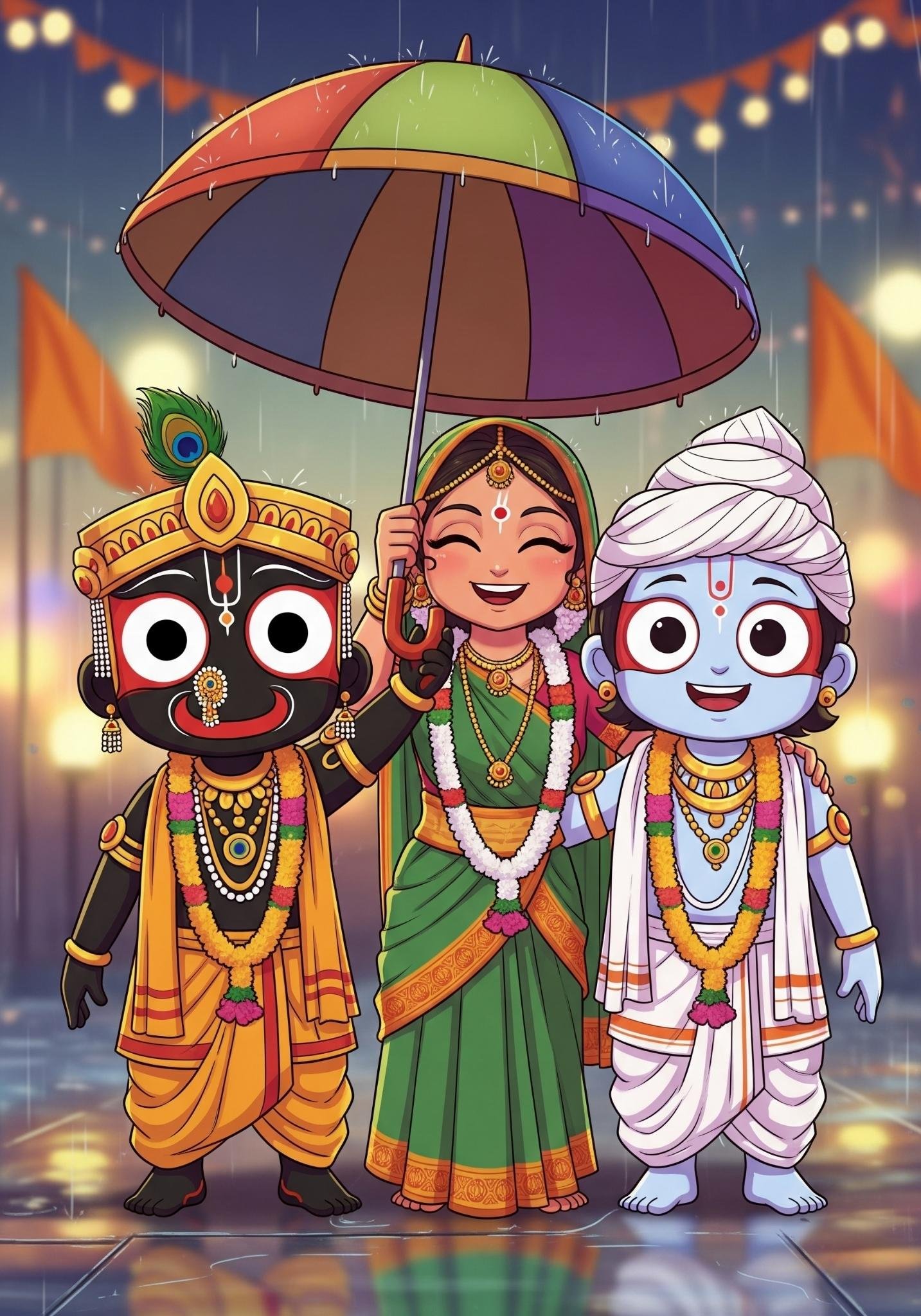 Cute Jagannath Balabhadra Subhadra in Rainy Rath Yatra Art