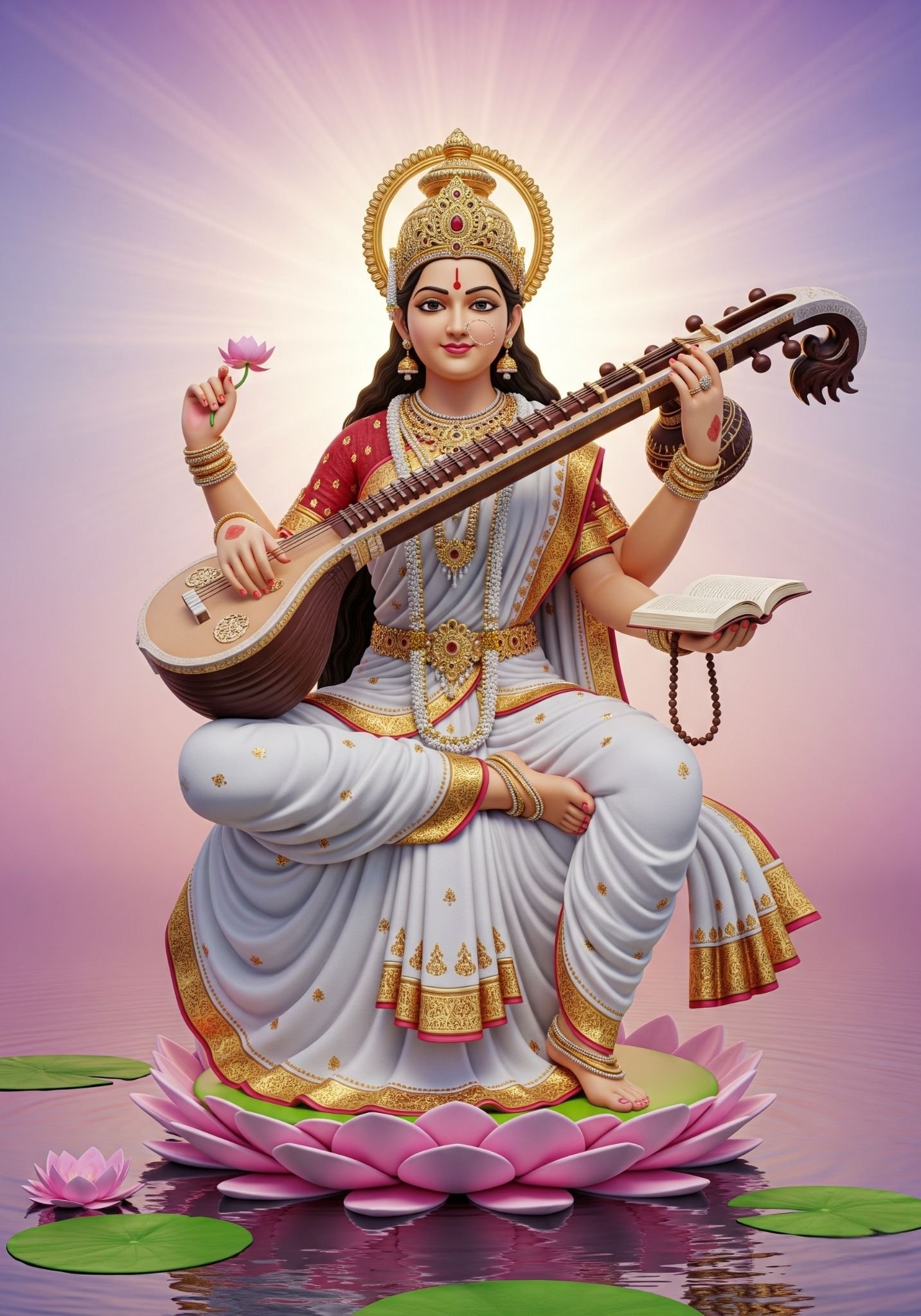 Goddess Saraswati Playing Veena on Lotus | Divine Art