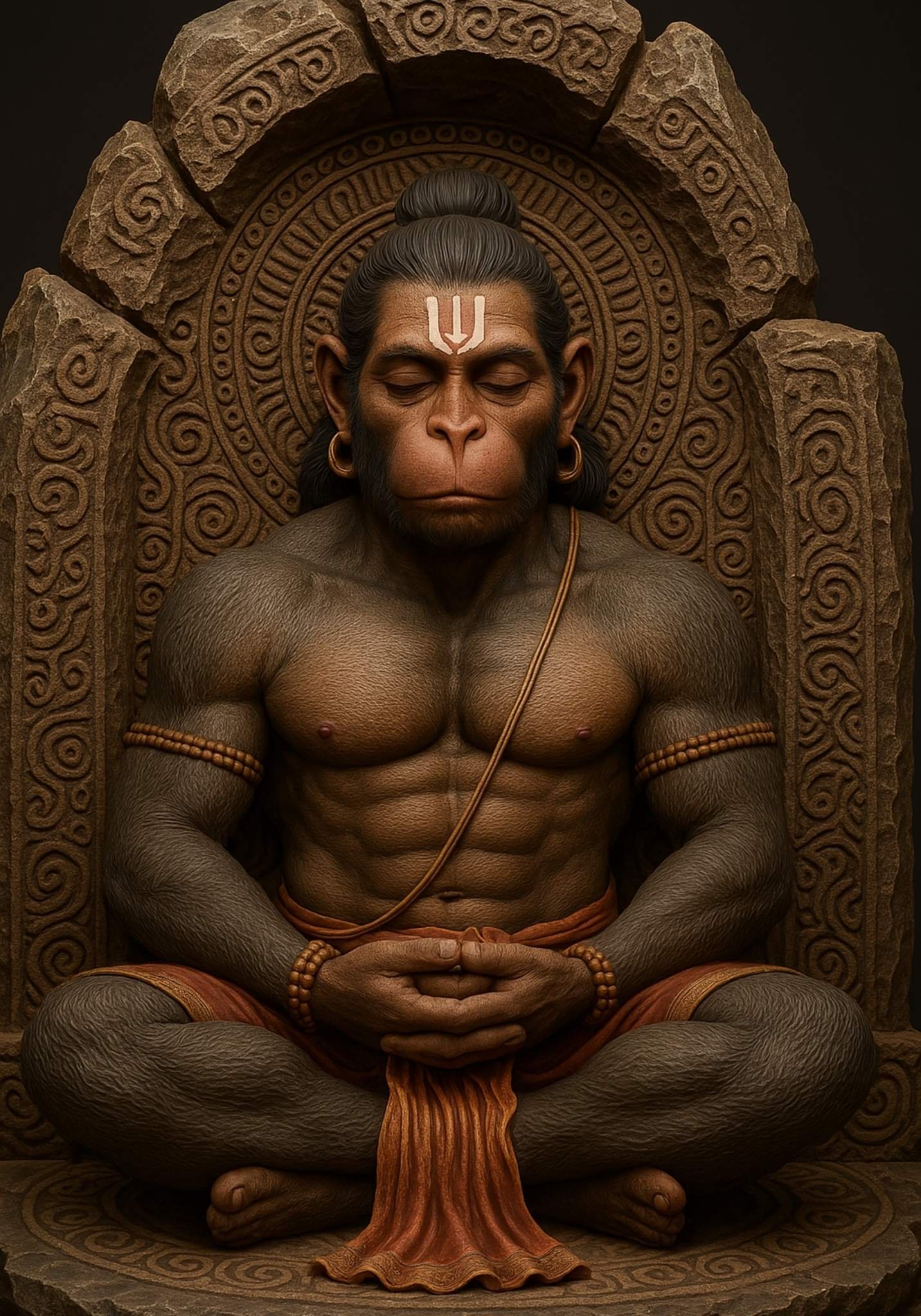 Meditating Hanuman Ji in Stone Temple Style 4K Wallpaper for iPhone & Android