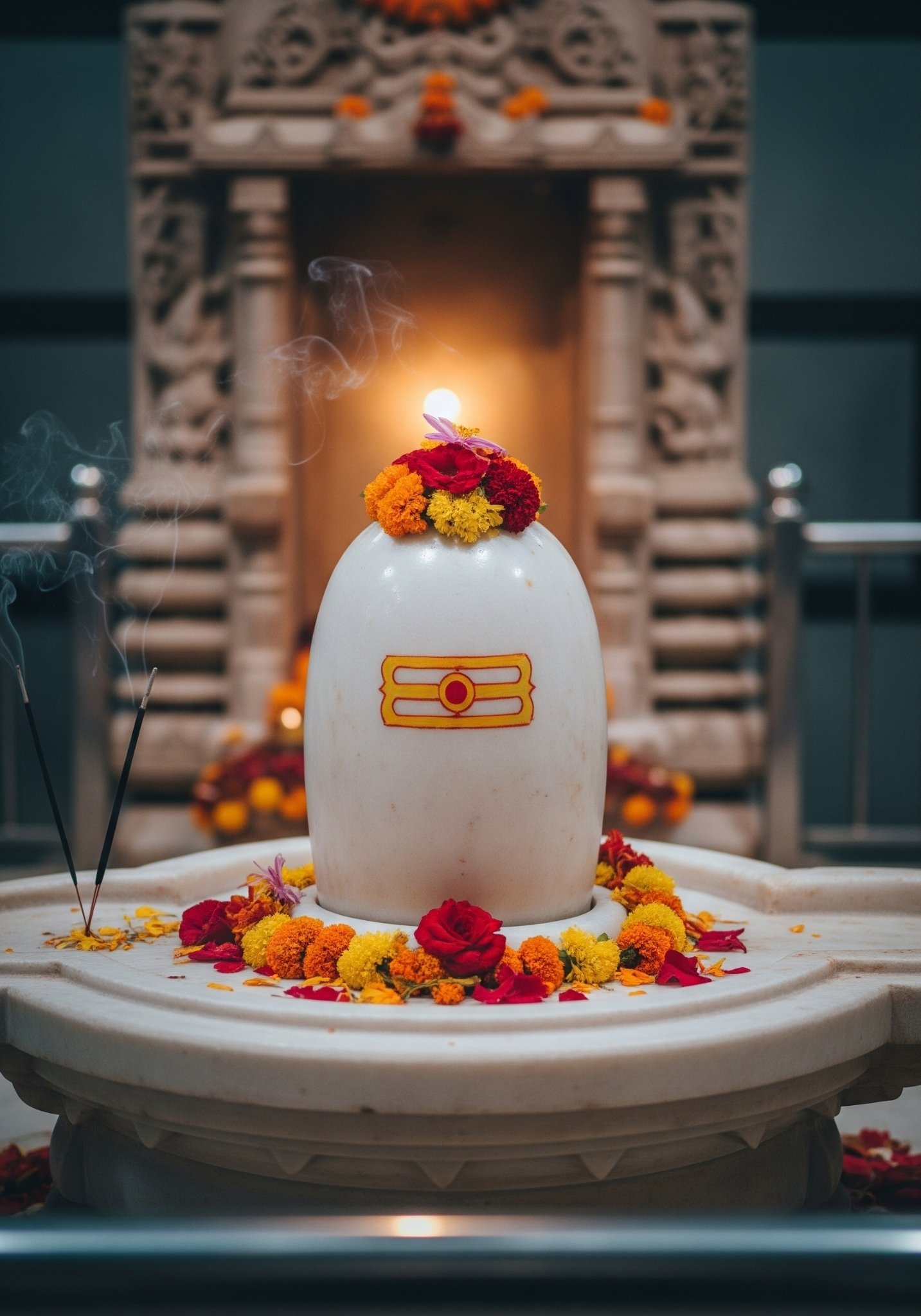 Sacred White Marble Shivling with Floral Offering 4K Wallpaper for iPhone & Android