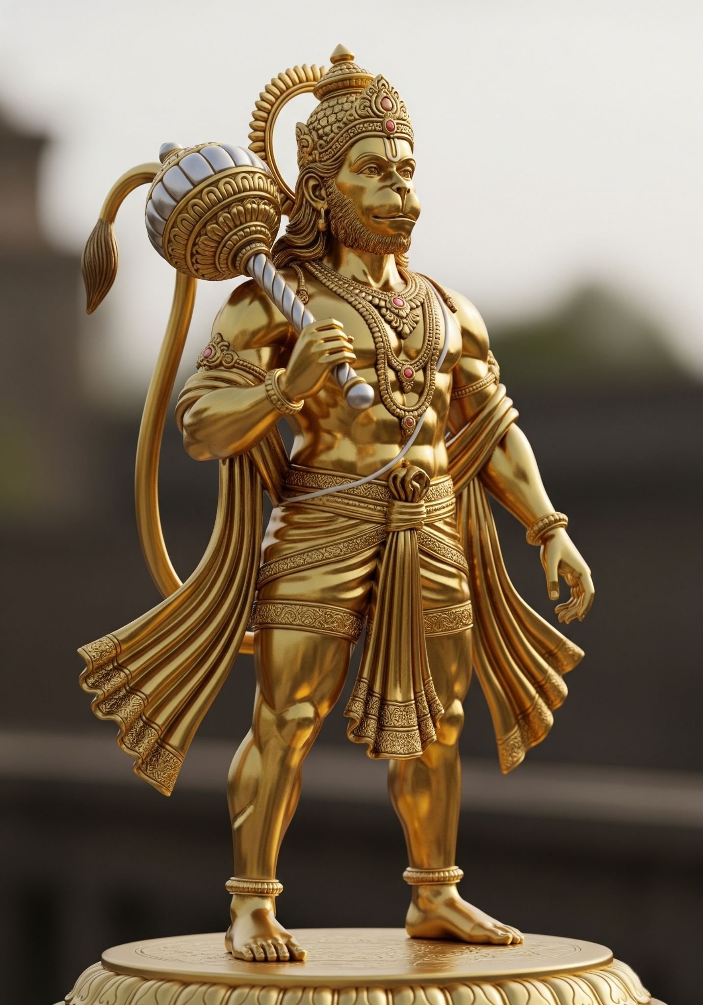 Golden Hanuman Idol Holding Gada Statue 4K Wallpaper for iPhone & Android