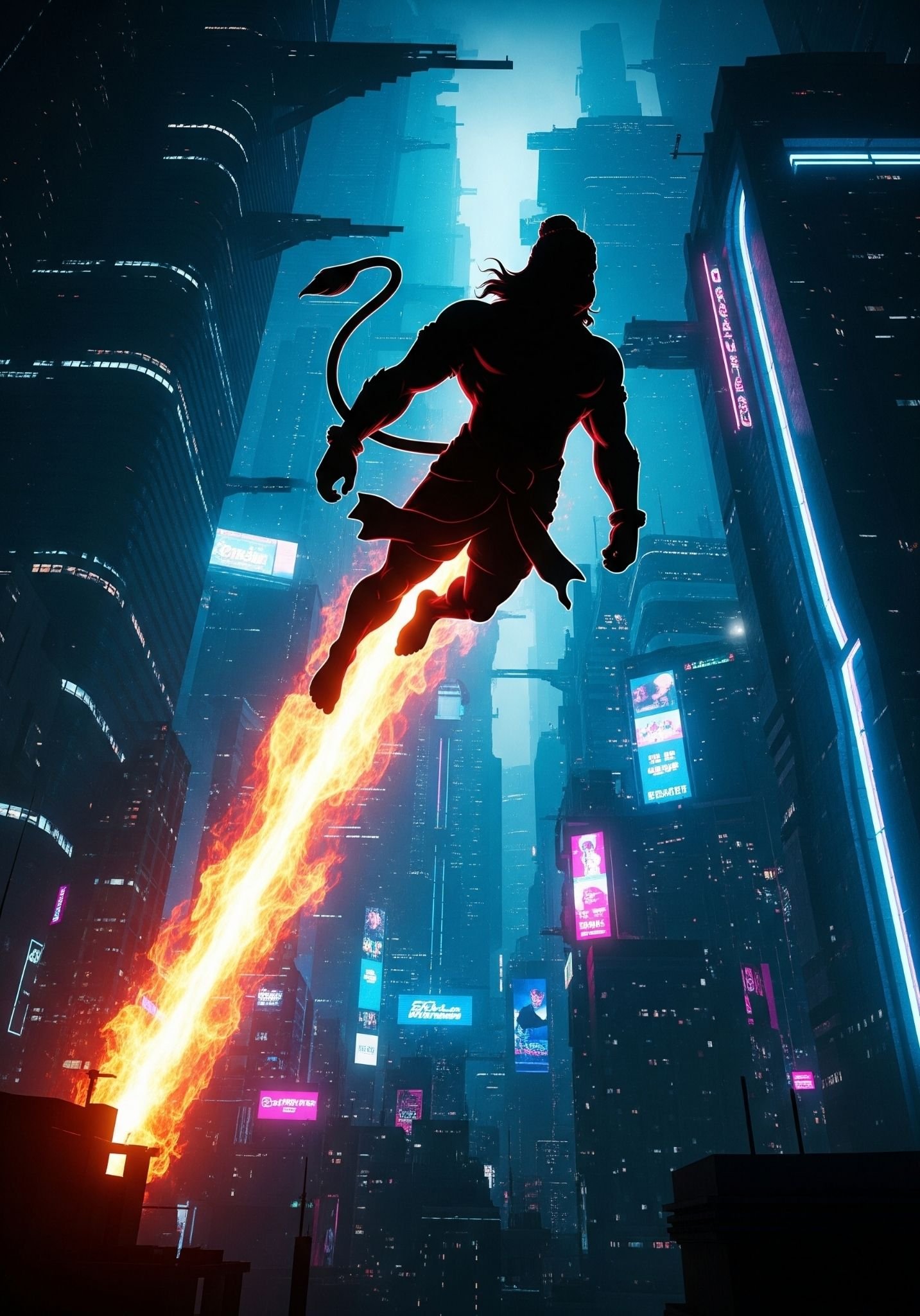 Cyberpunk Hanuman Flying Over Futuristic City 4K Wallpaper for iPhone & Android