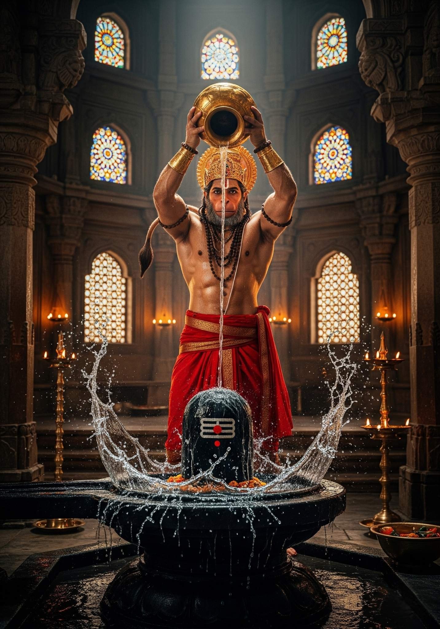 Hanuman Ji Performing Jal Abhishek on Shiva Lingam 4K Wallpaper for iPhone & Android