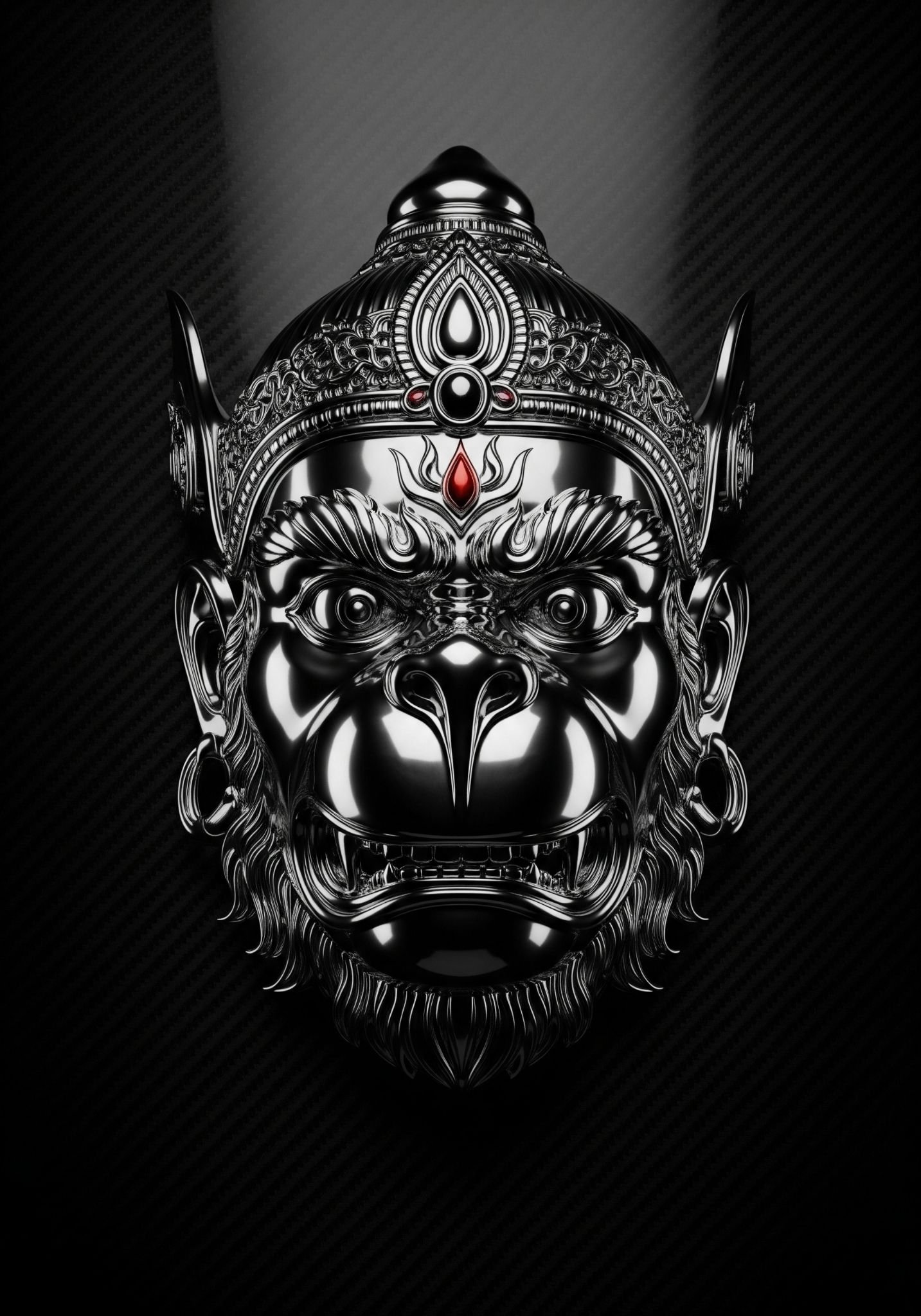Chrome Metallic Hanuman Face Art on Black Carbon Background