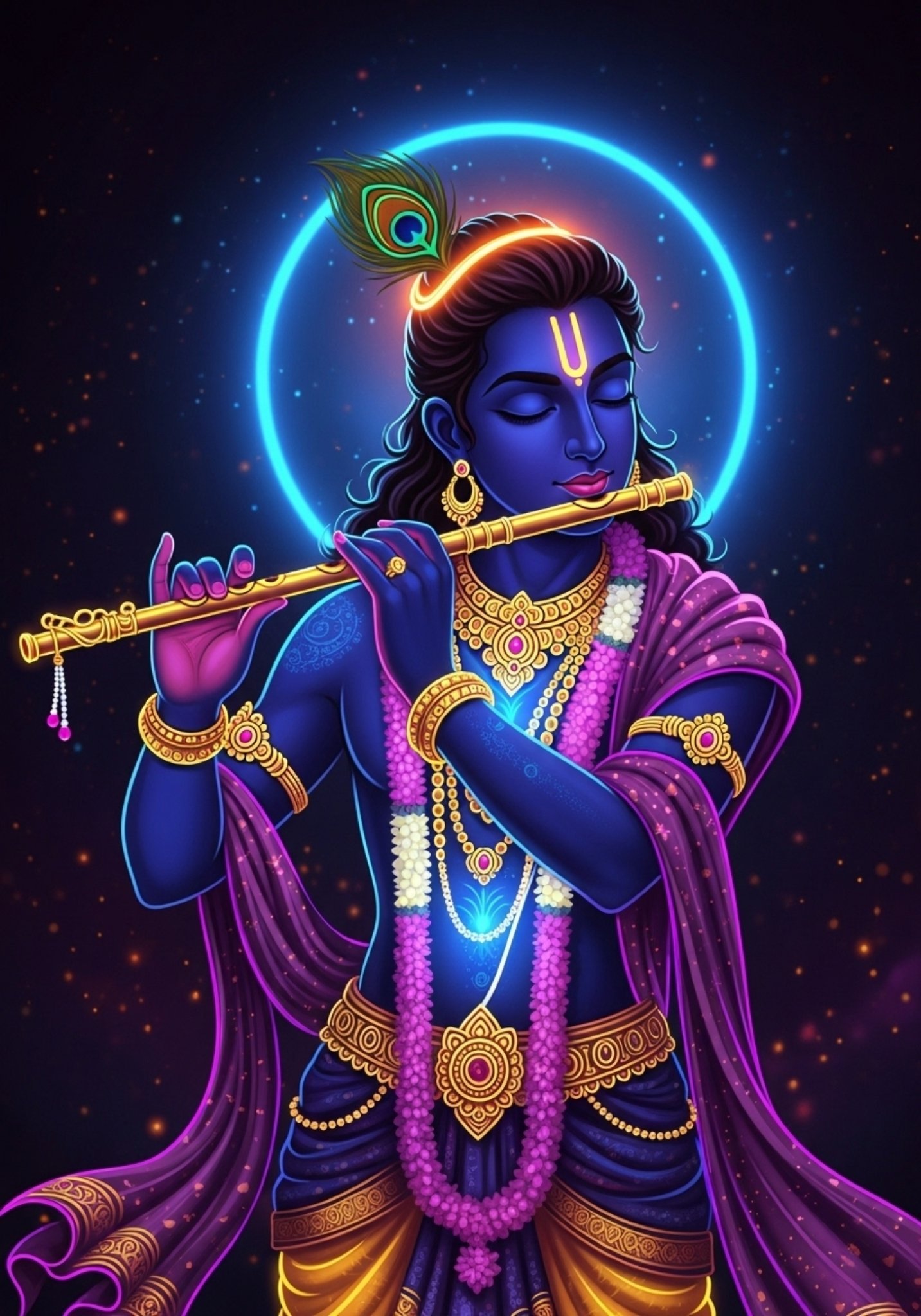 Neon Krishna Playing Flute Glowing HD Art