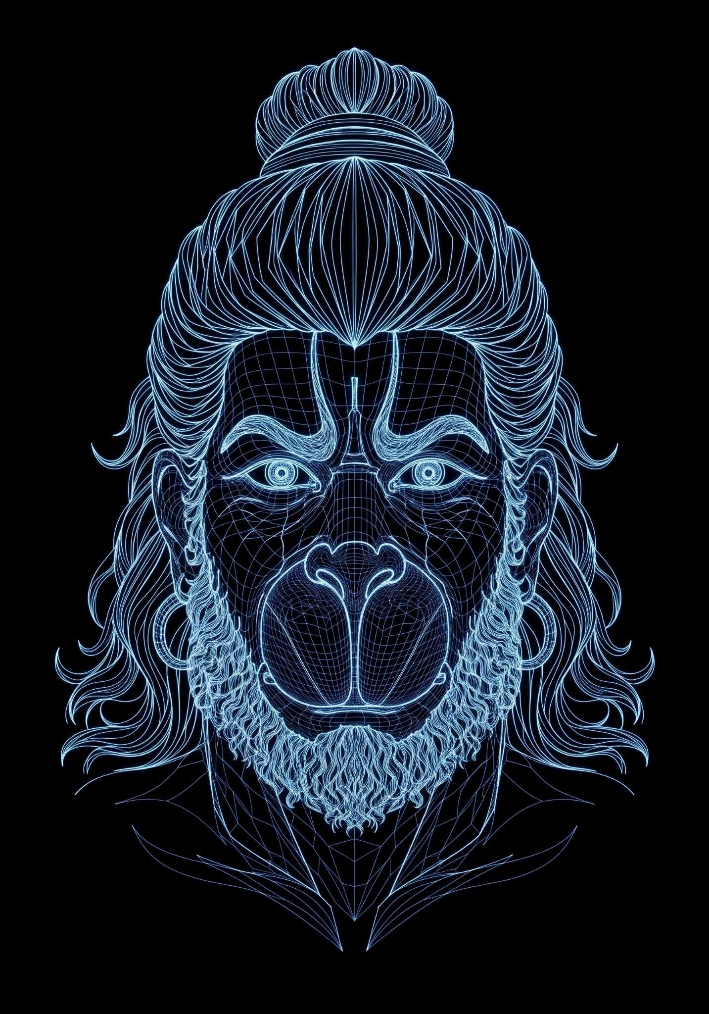 3D Wireframe Hanuman Ji Digital Face Art