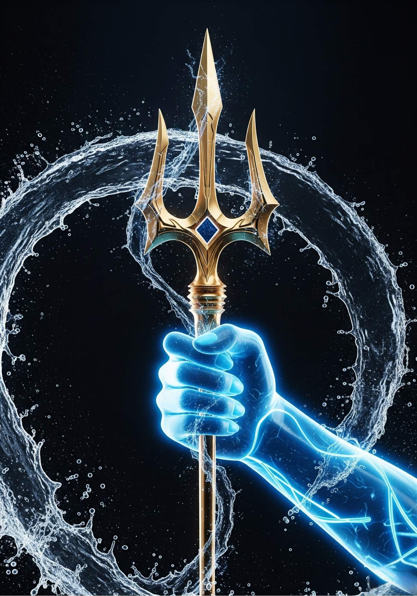 Trident's Power: Glowing Hand & Water Splash