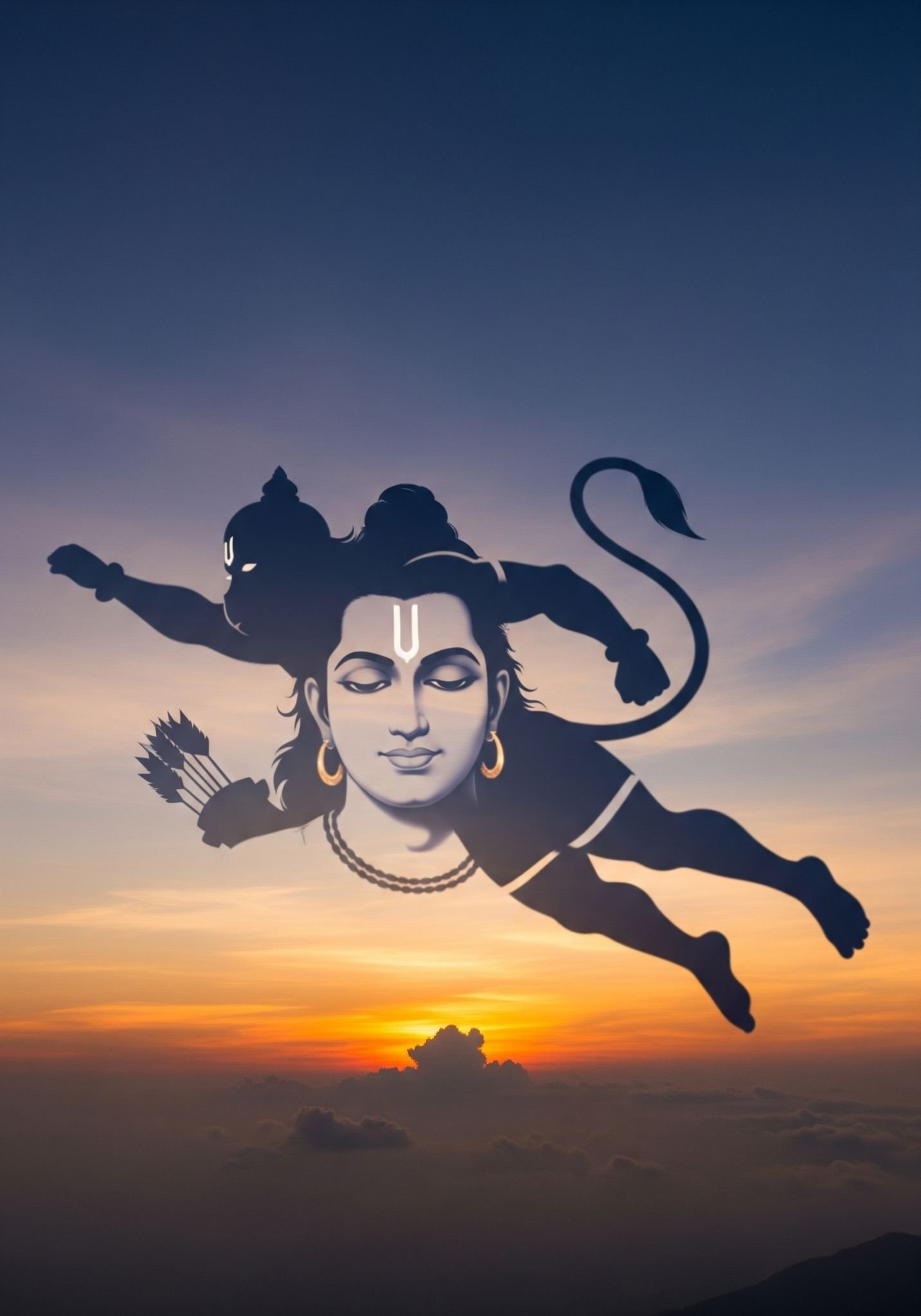 Lord Ram and Hanuman Flying in Sunset Sky Art