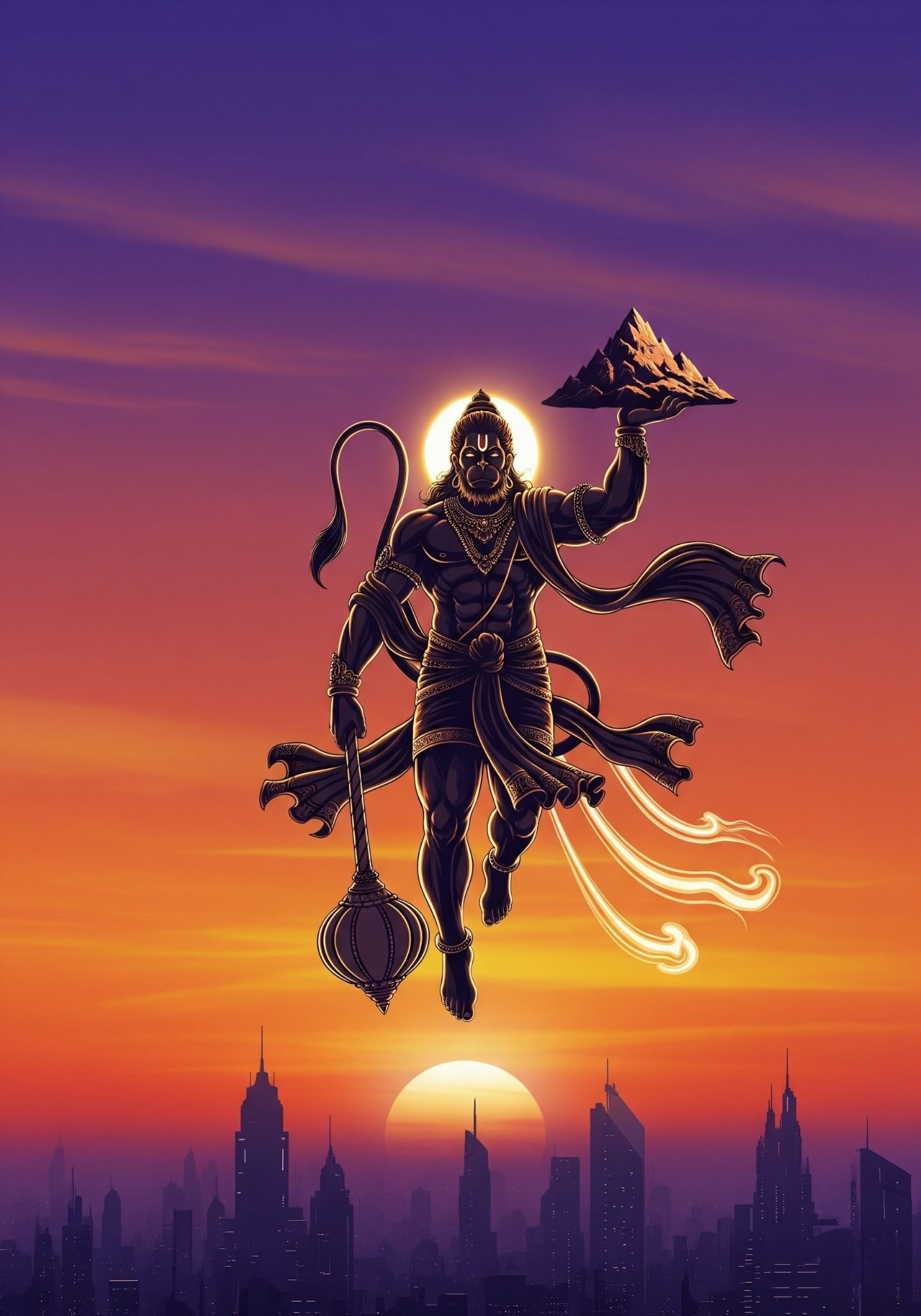 Hanuman Carrying Sanjeevani Mountain at Sunset