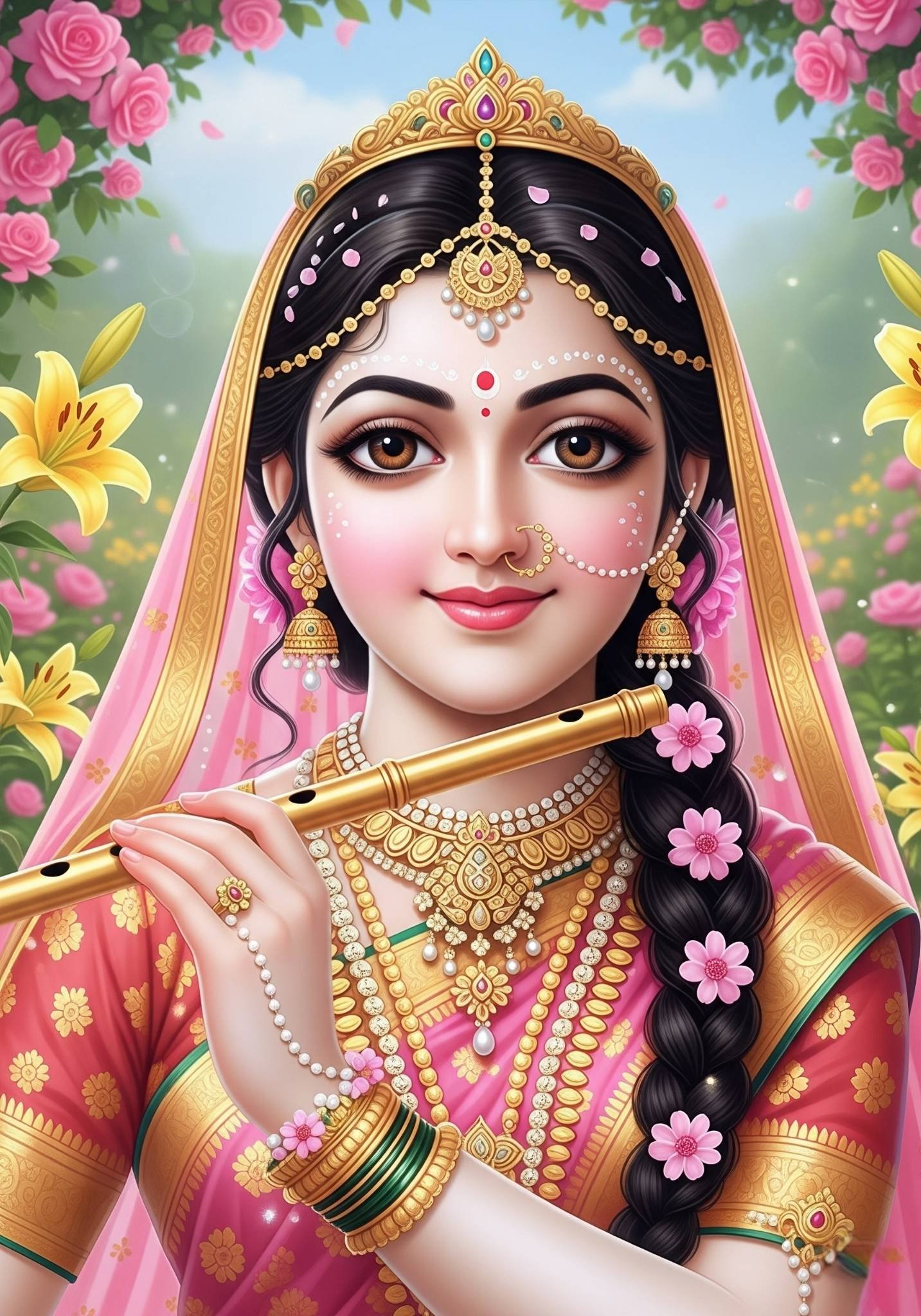 Radha Ji with Flute – Elegant Divine Portrait in Floral Garden
