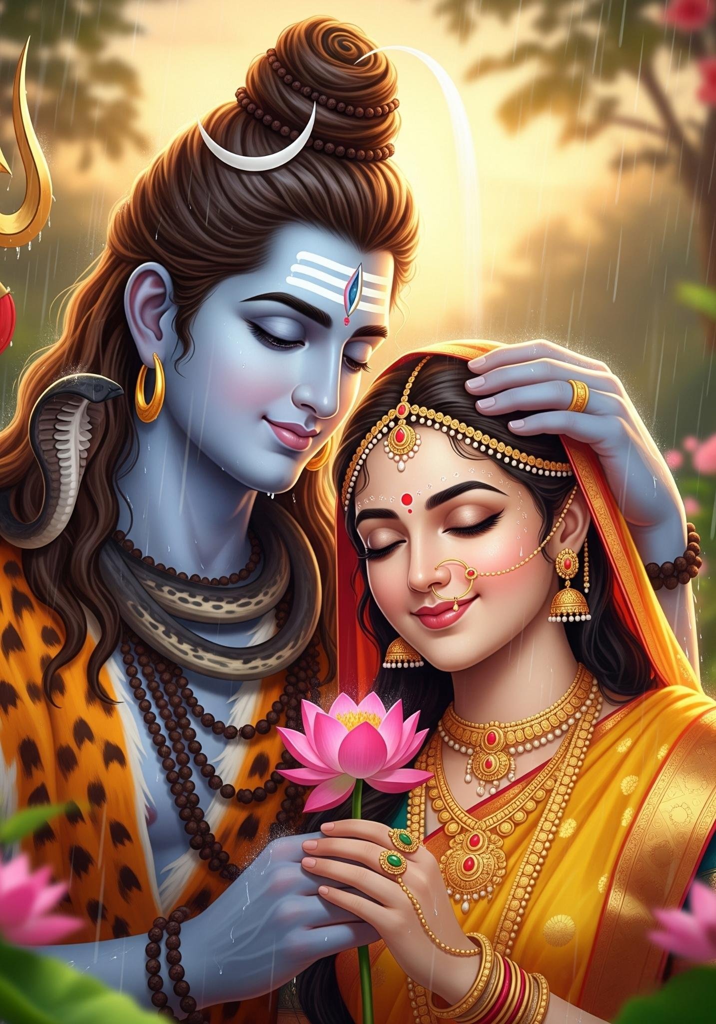 Lord Shiva and Parvati in Rain – Divine Love Artwork 4K Wallpaper for iPhone & Android