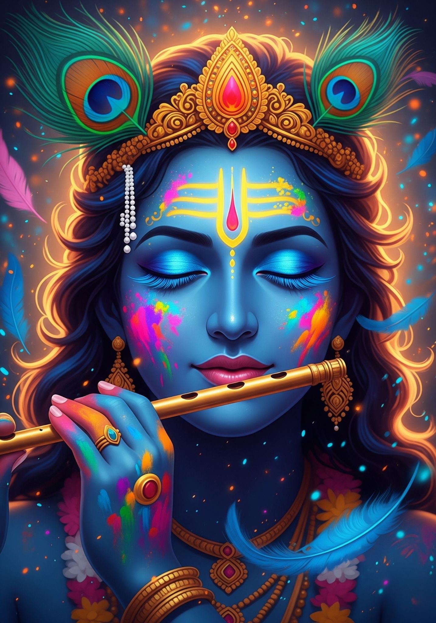 Krishna Playing Flute in Divine Glow – Holi Themed Art