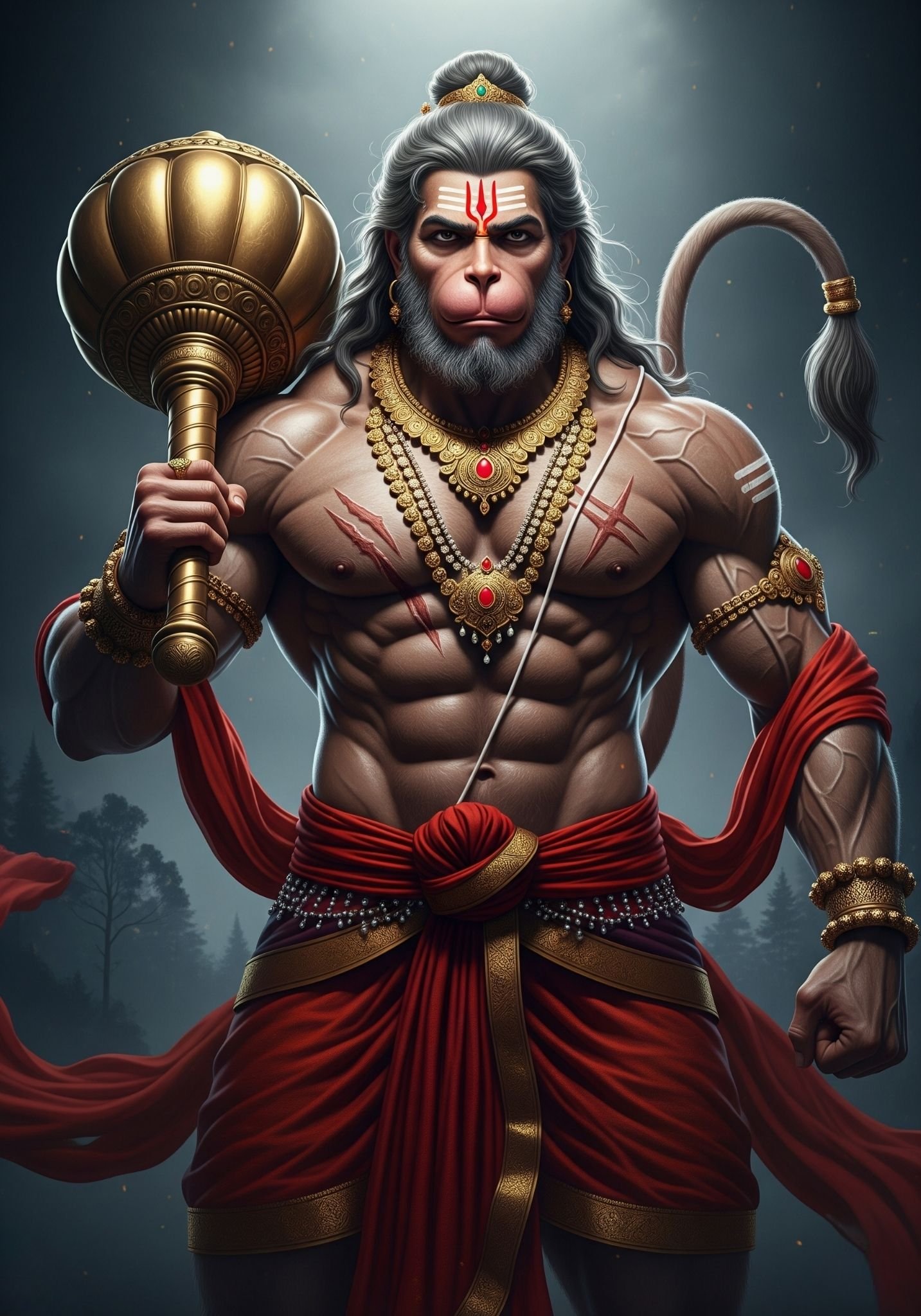 Mighty Hanuman Ji with Gada – Warrior Form Digital Art 4K Wallpaper for iPhone & Android