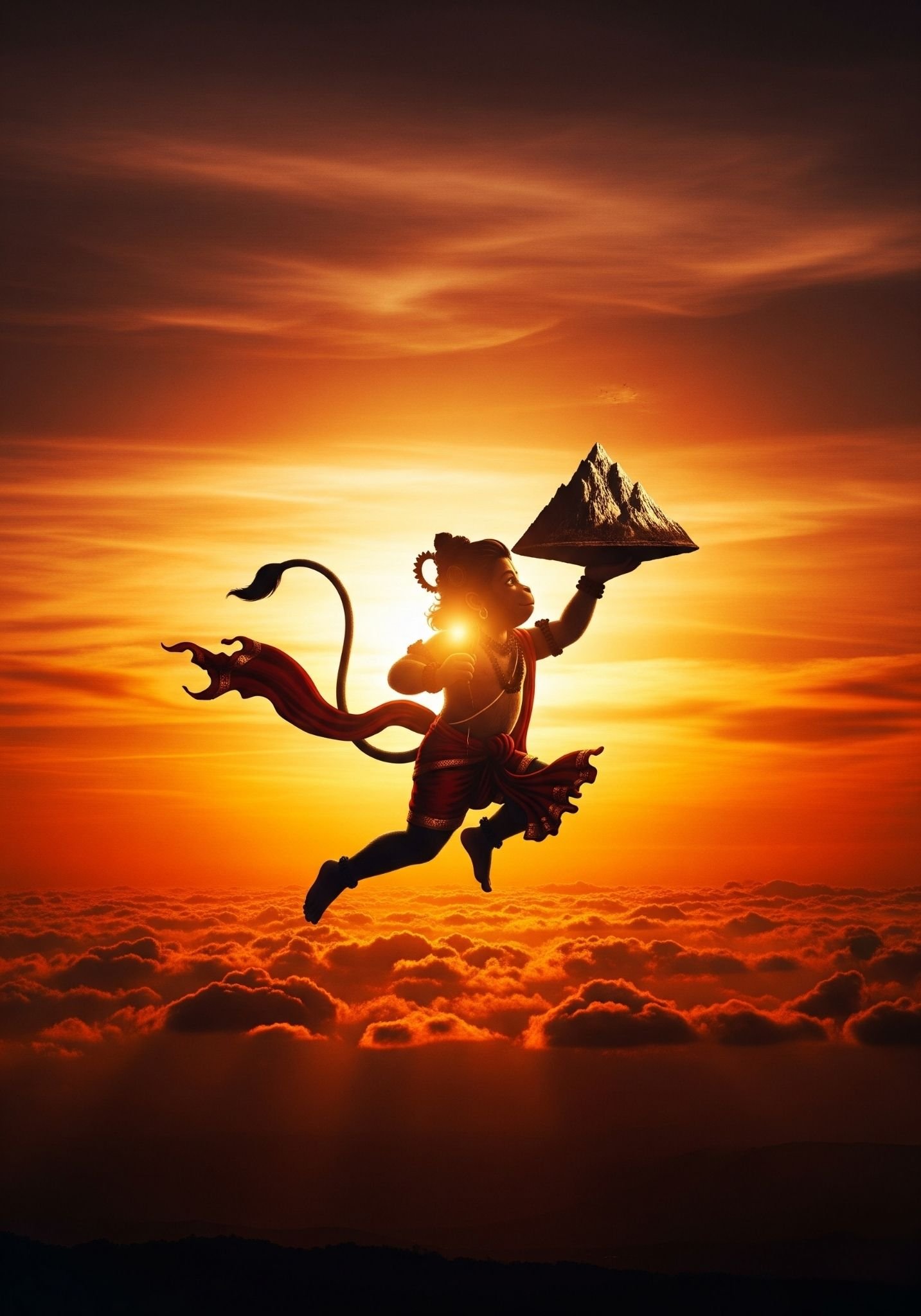 Flying Hanuman with Sanjeevani Mountain – Sunset Divine Wallpaper