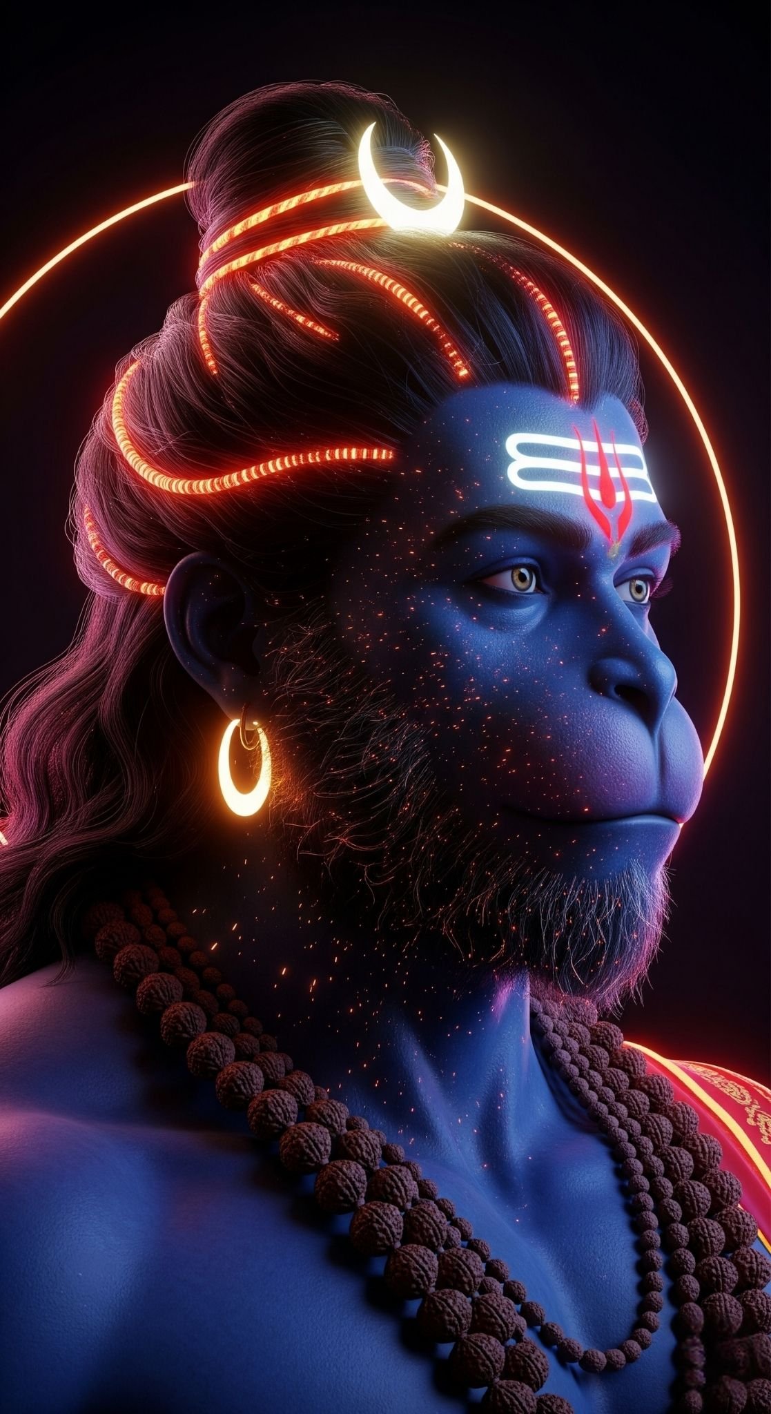 Neon Lord Hanuman with Crescent and Rudraksha – Futuristic Divine Art