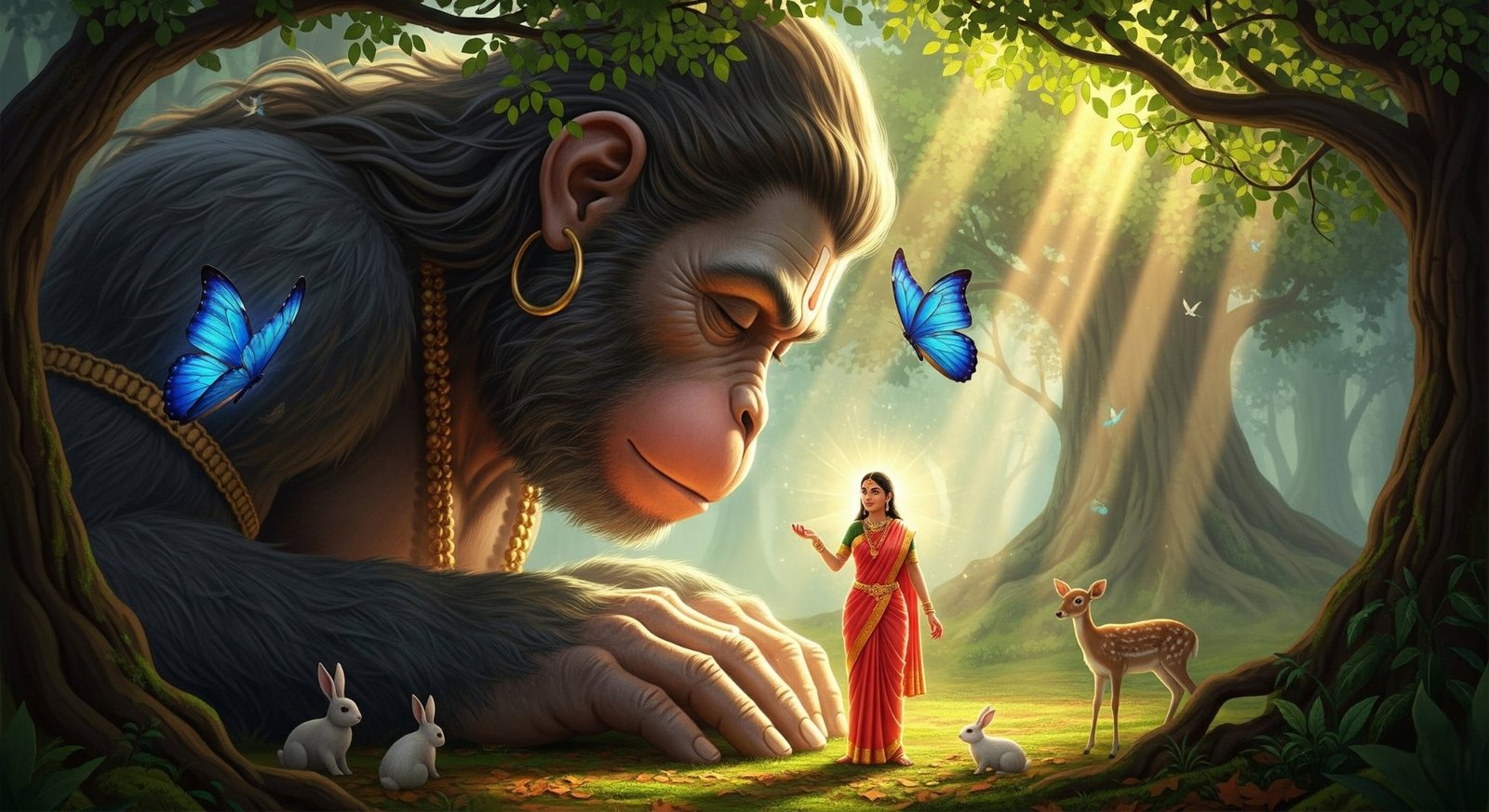 Hanuman and Sita in a Magical Forest Scene – Divine Bond 4K Wallpaper for iPhone & Android