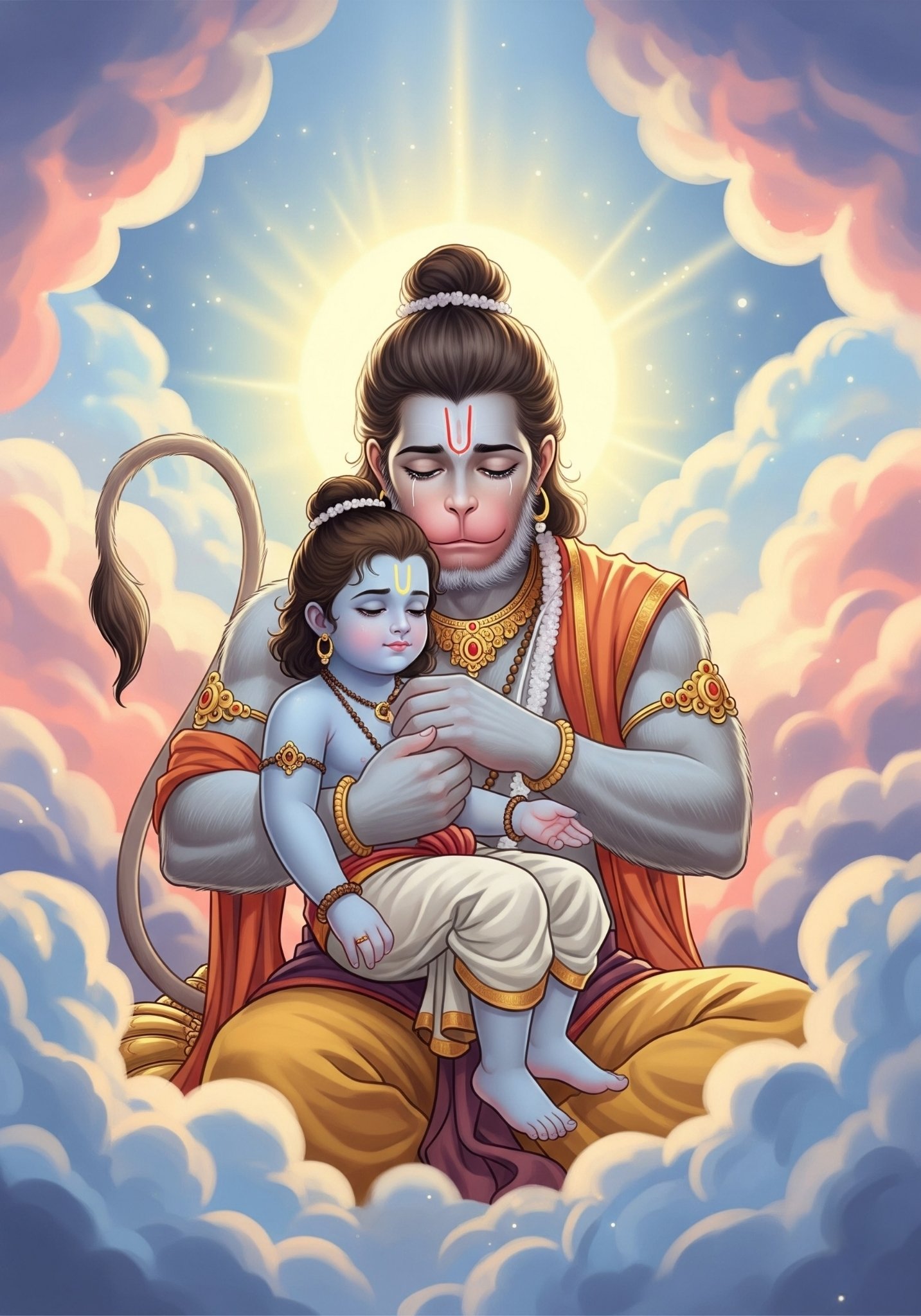 Hanuman Ji Holding Baby Ram in Divine Cloud Realm 4K Wallpaper for iPhone & Android