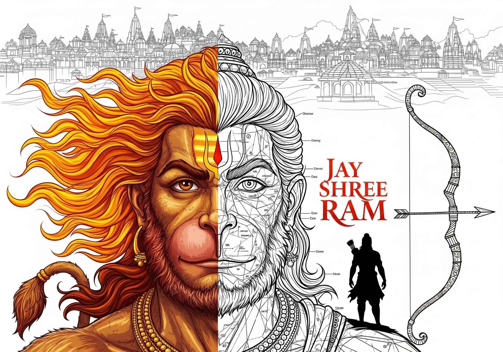Hanuman & Shri Ram – Divine Half-Color Artwork with Ayodhya 4K Wallpaper for iPhone & Android