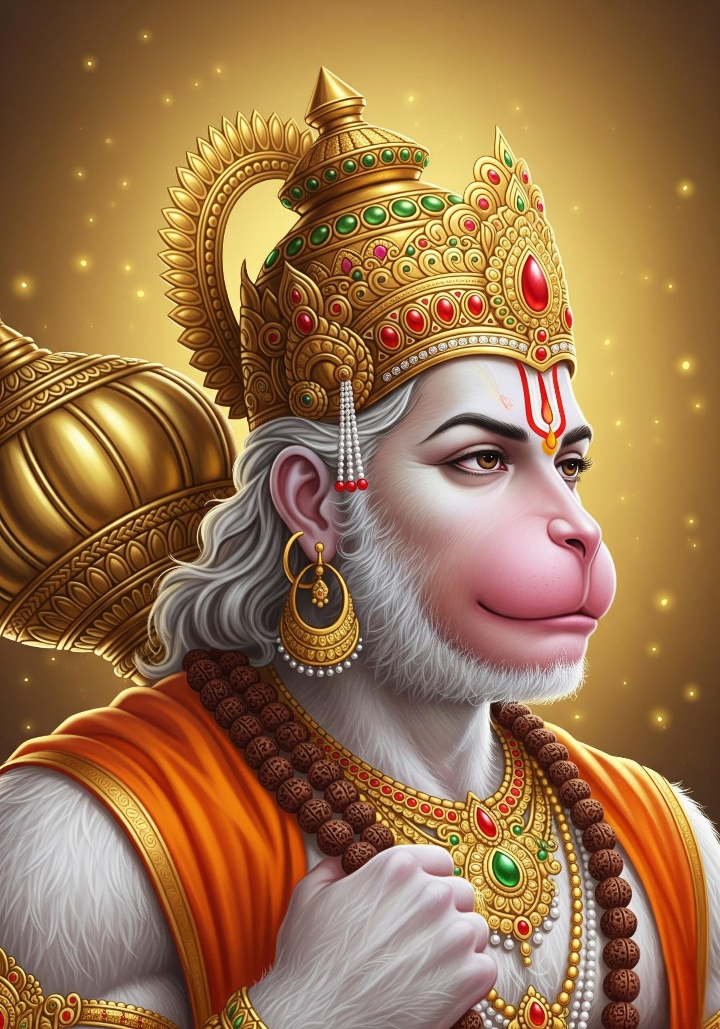 Majestic Hanuman with Golden Crown & Rudraksha Mala